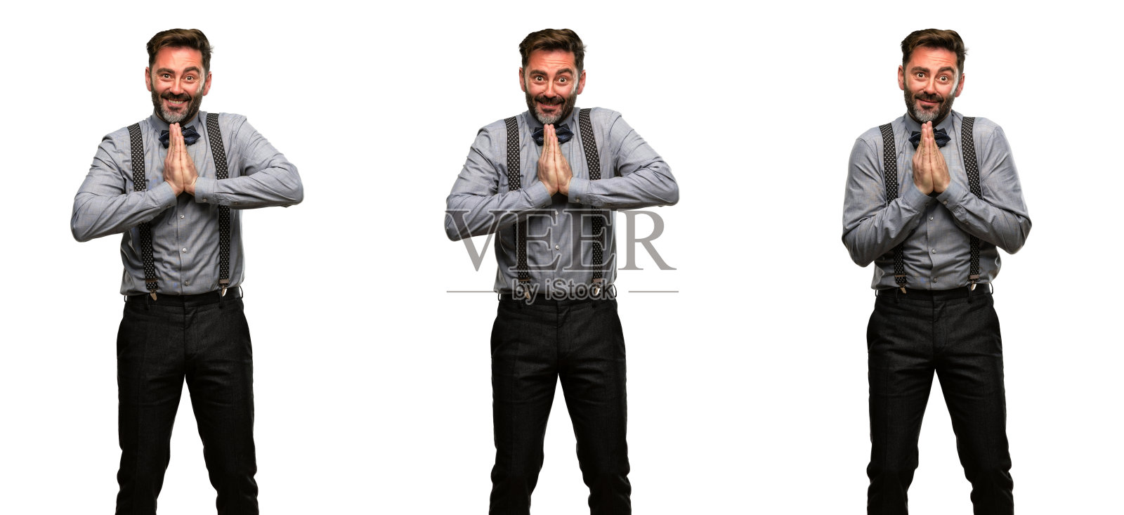 中年男子，留着胡子，打着领结，双手并拢在一起作祈祷的手势，表达希望和请的概念照片摄影图片