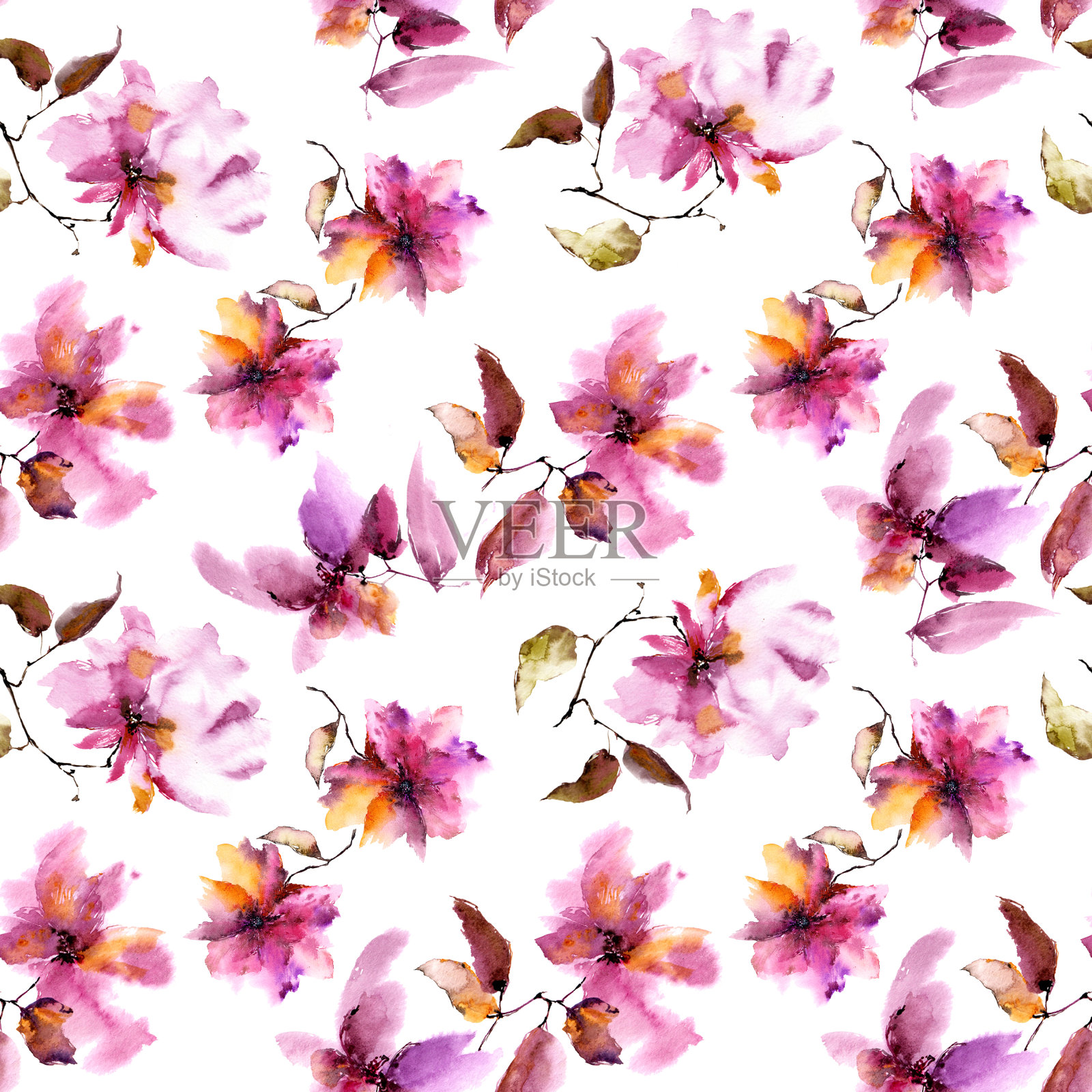 水彩无缝花卉图案。粉红色的花。花的背景。插画图片素材