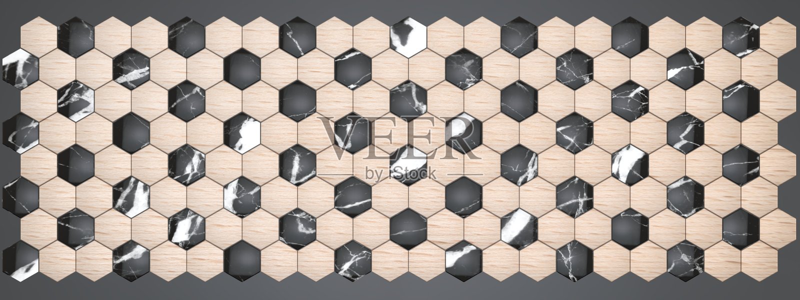 六边形墙板的3D渲染，材料黑色大理石与贴面木山毛榉为您的项目或室内设计装饰瓷砖，高品质无缝逼真的纹理背景。照片摄影图片