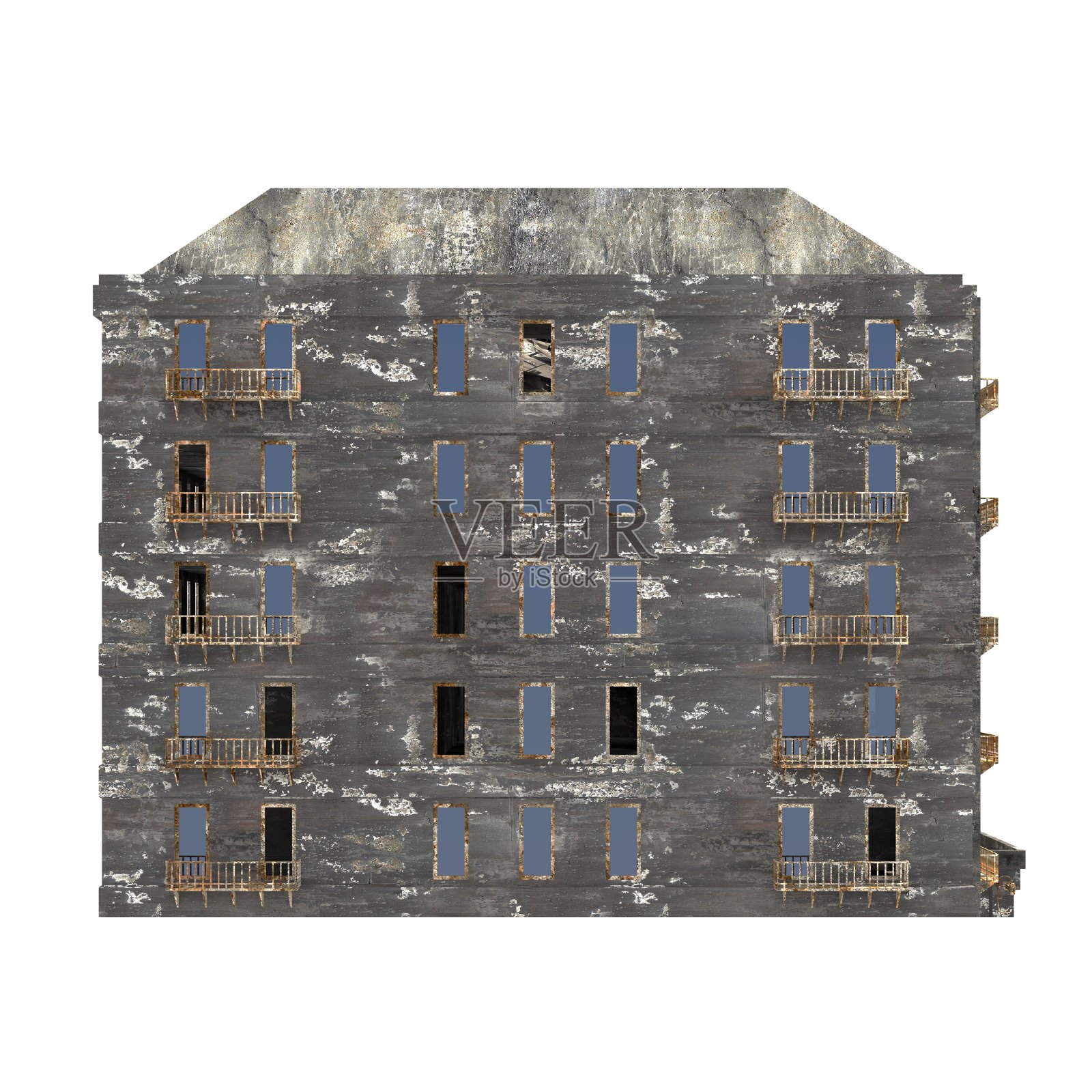 废墟建筑孤立在白色背景的3D插图照片摄影图片