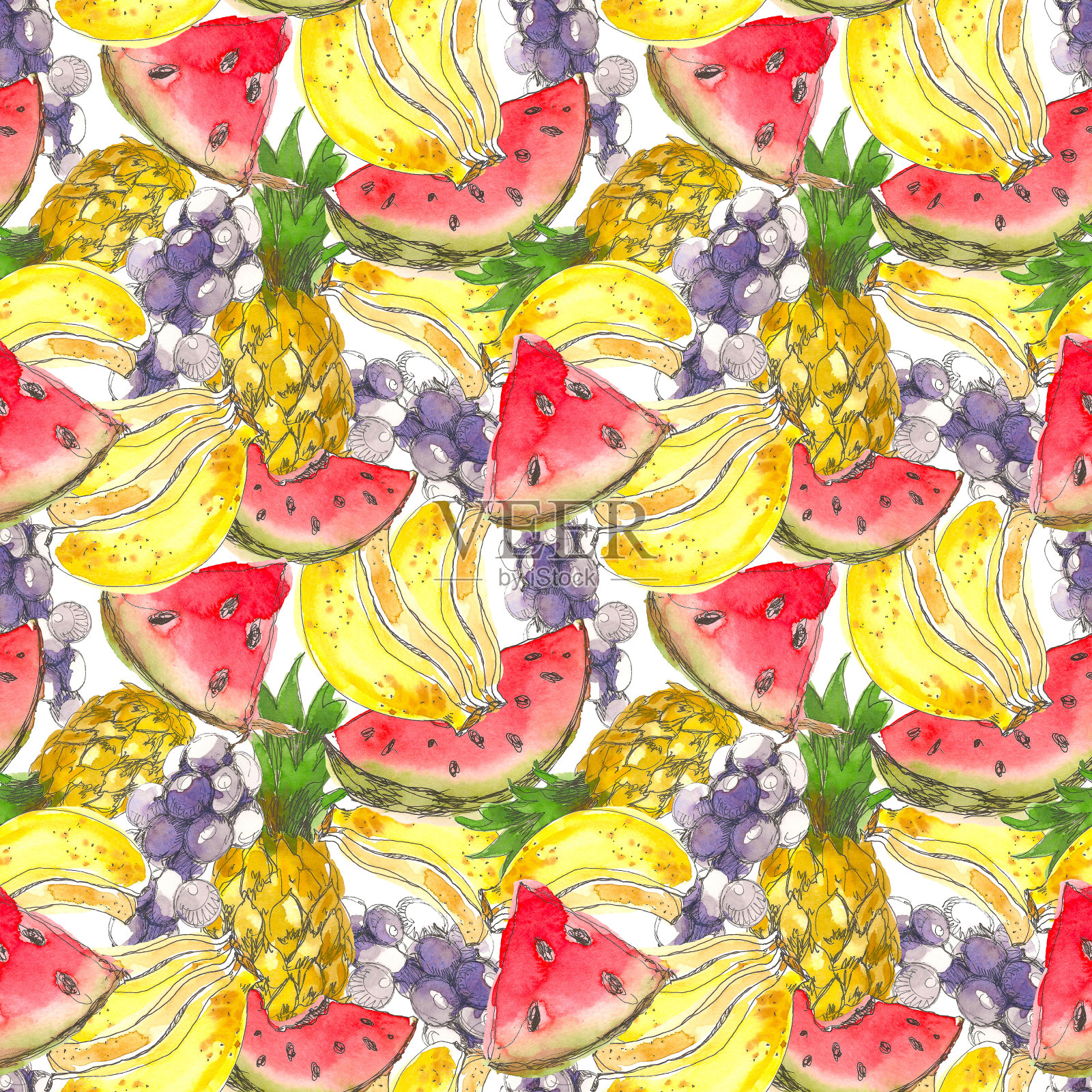 无缝热带水果图案。香蕉，西瓜，菠萝和葡萄作为壁纸，包装纸，织物的异国背景。水彩手绘素描插画图片素材