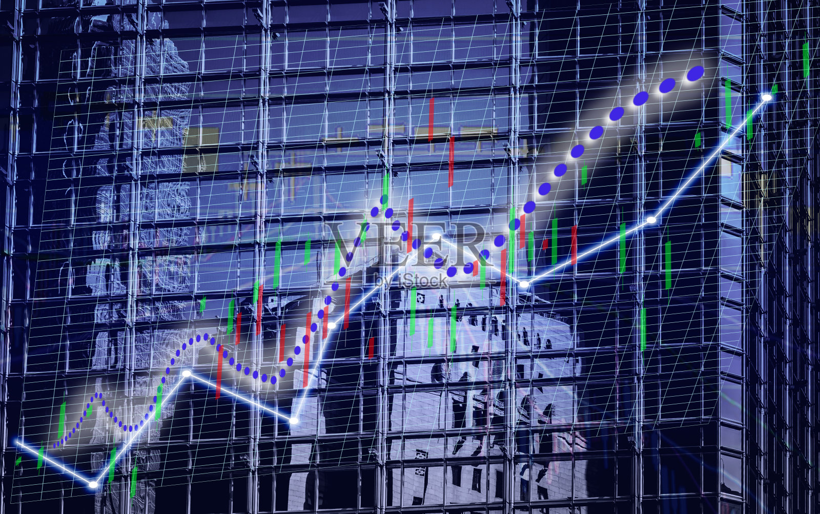 股票指数增长图与商业大厦背景图(蓝牛图)照片摄影图片