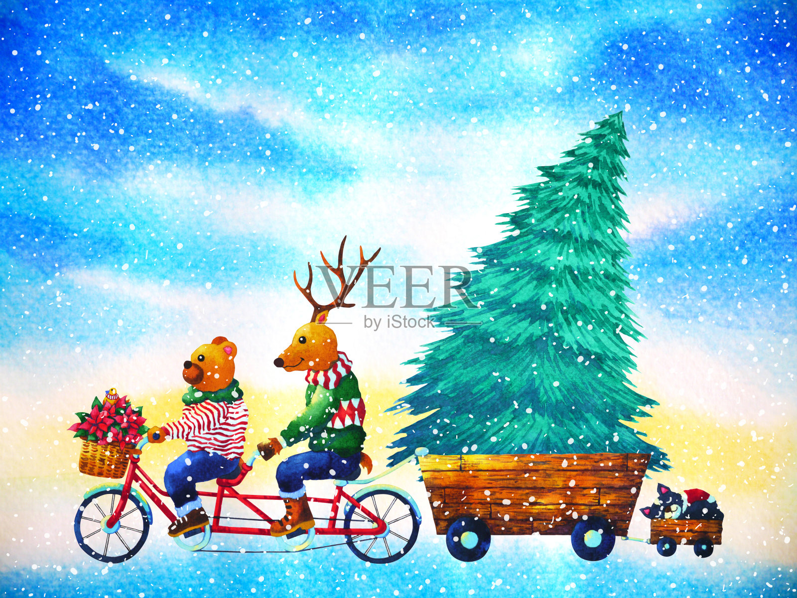 圣诞动物新年快乐水彩画插画插画图片素材