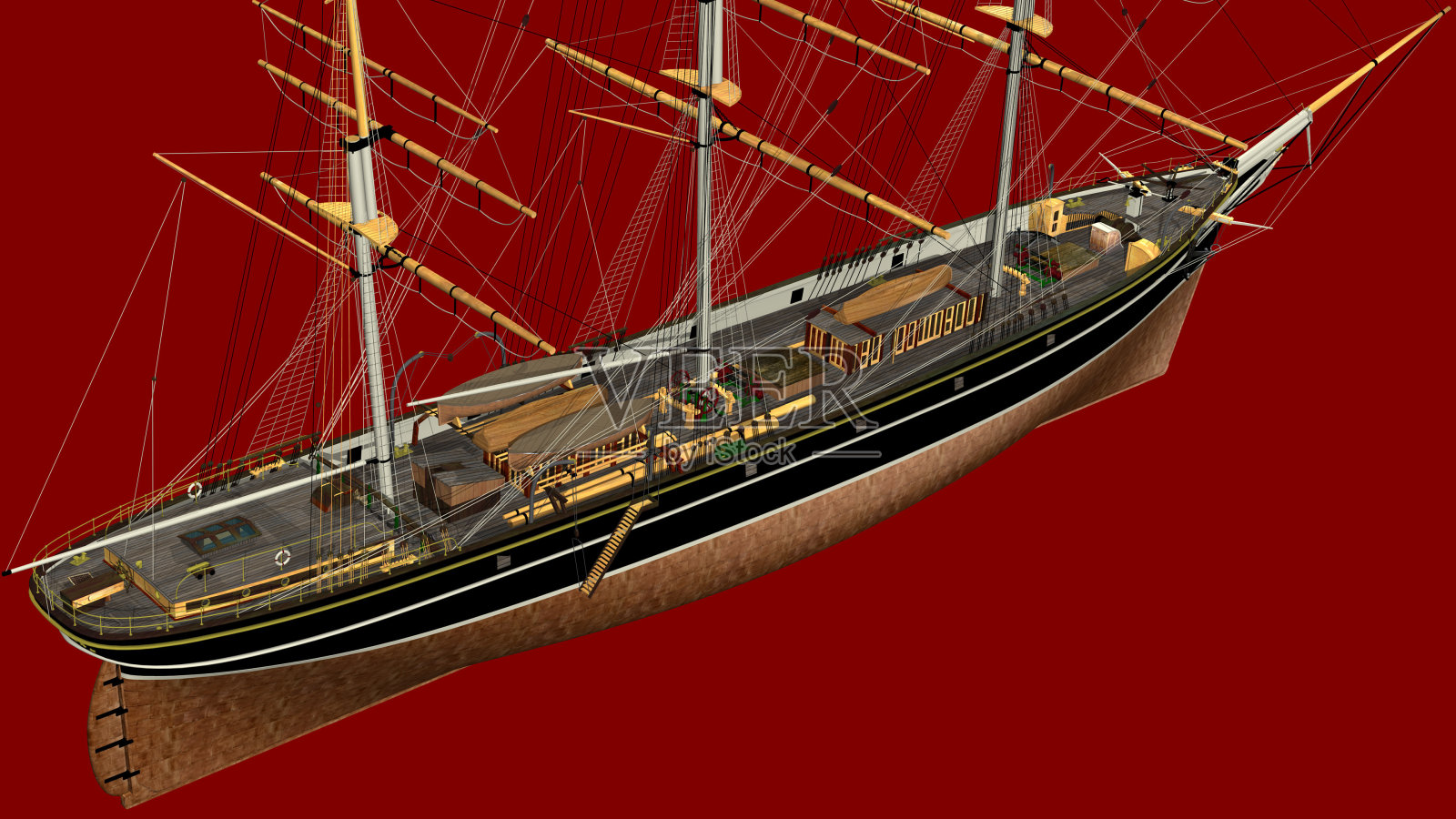一个典型的19世纪3桅杆Clipper的3D渲染。照片摄影图片