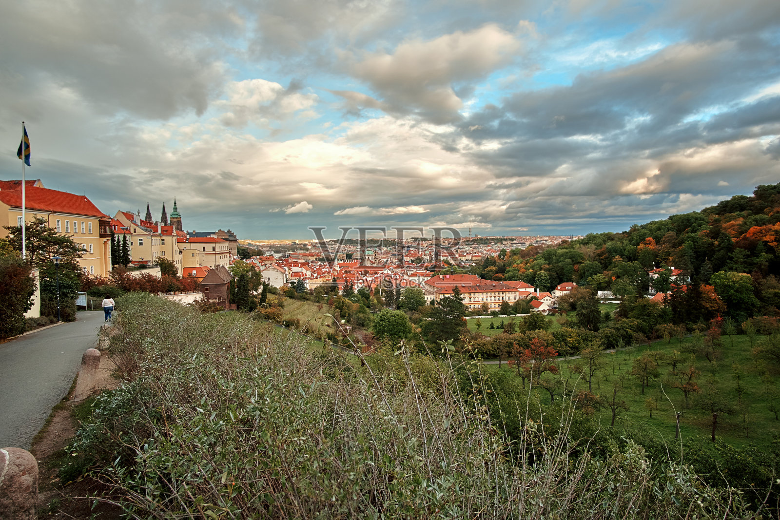 布拉格老城从一个葡萄园的山上在布拉格，捷克共和国。从葡萄园往山下看。背景是圣维塔斯大教堂和布拉格城堡，前景是葡萄园照片摄影图片