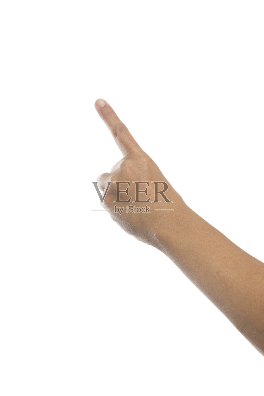 女性的手指向孤立的白色背景。照片摄影图片