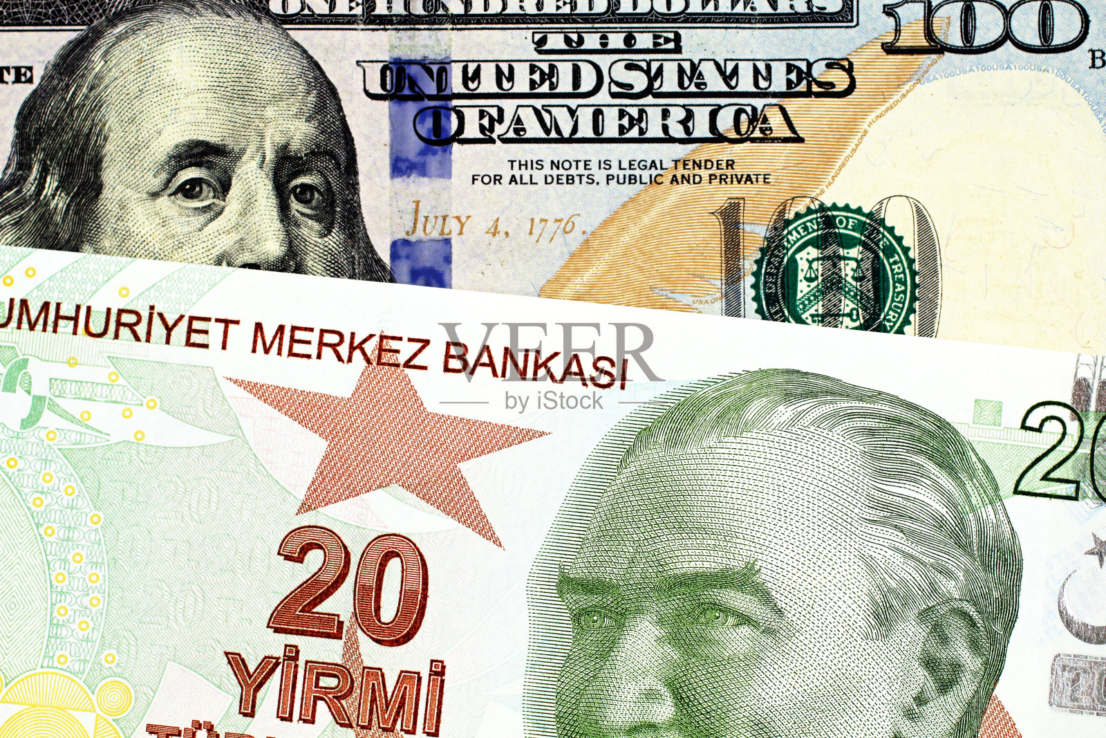 一张20土耳其里拉纸币和一张100美元纸币照片摄影图片