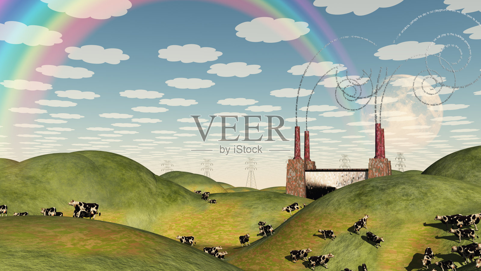 丘陵牧场有工厂和牛群插画图片素材