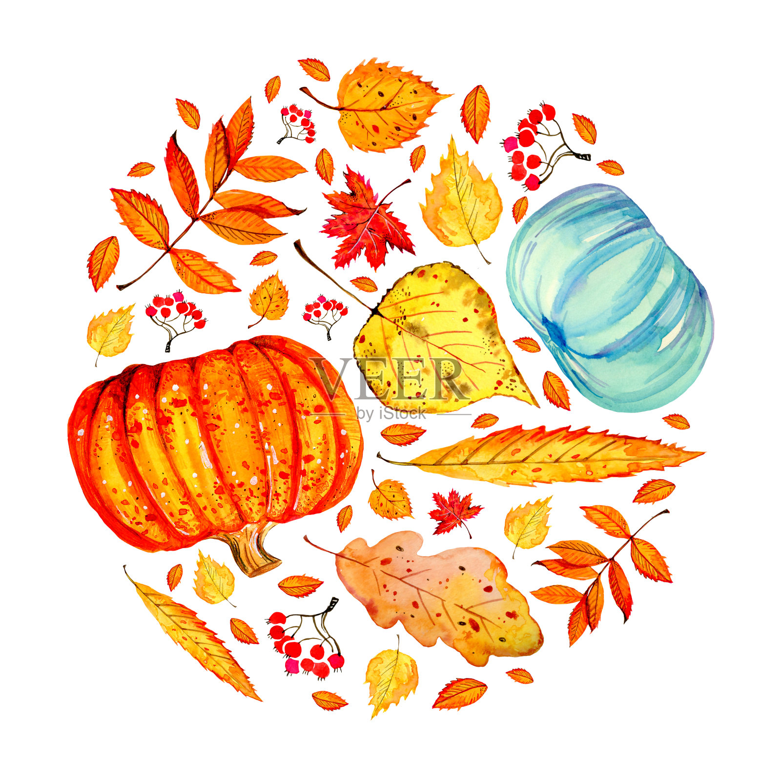 不同颜色的秋叶和南瓜组成圆形。手绘水彩风格化素描插图插画图片素材