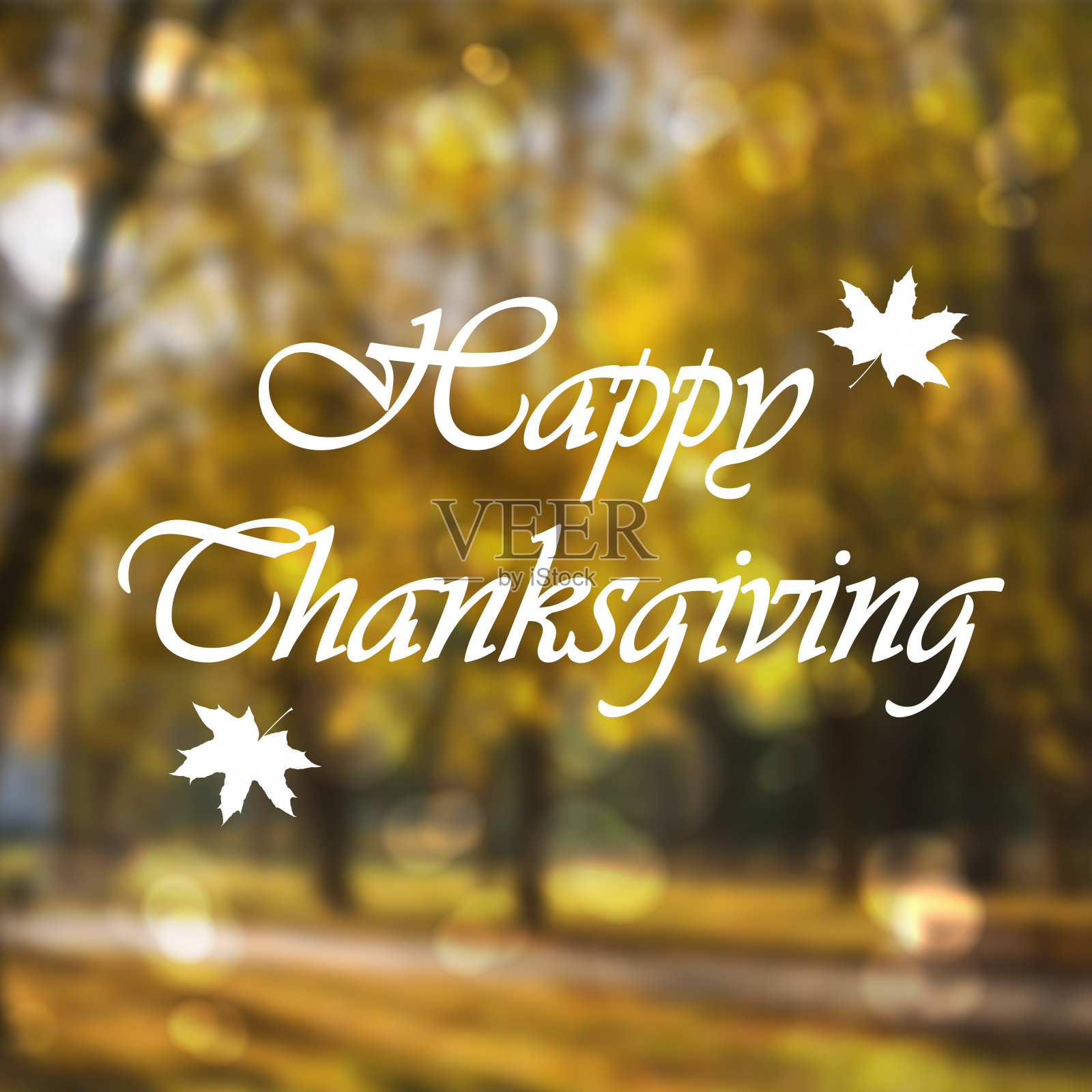 感恩节快乐卡片或背景与模糊的秋天公园和白色的文字插画图片素材