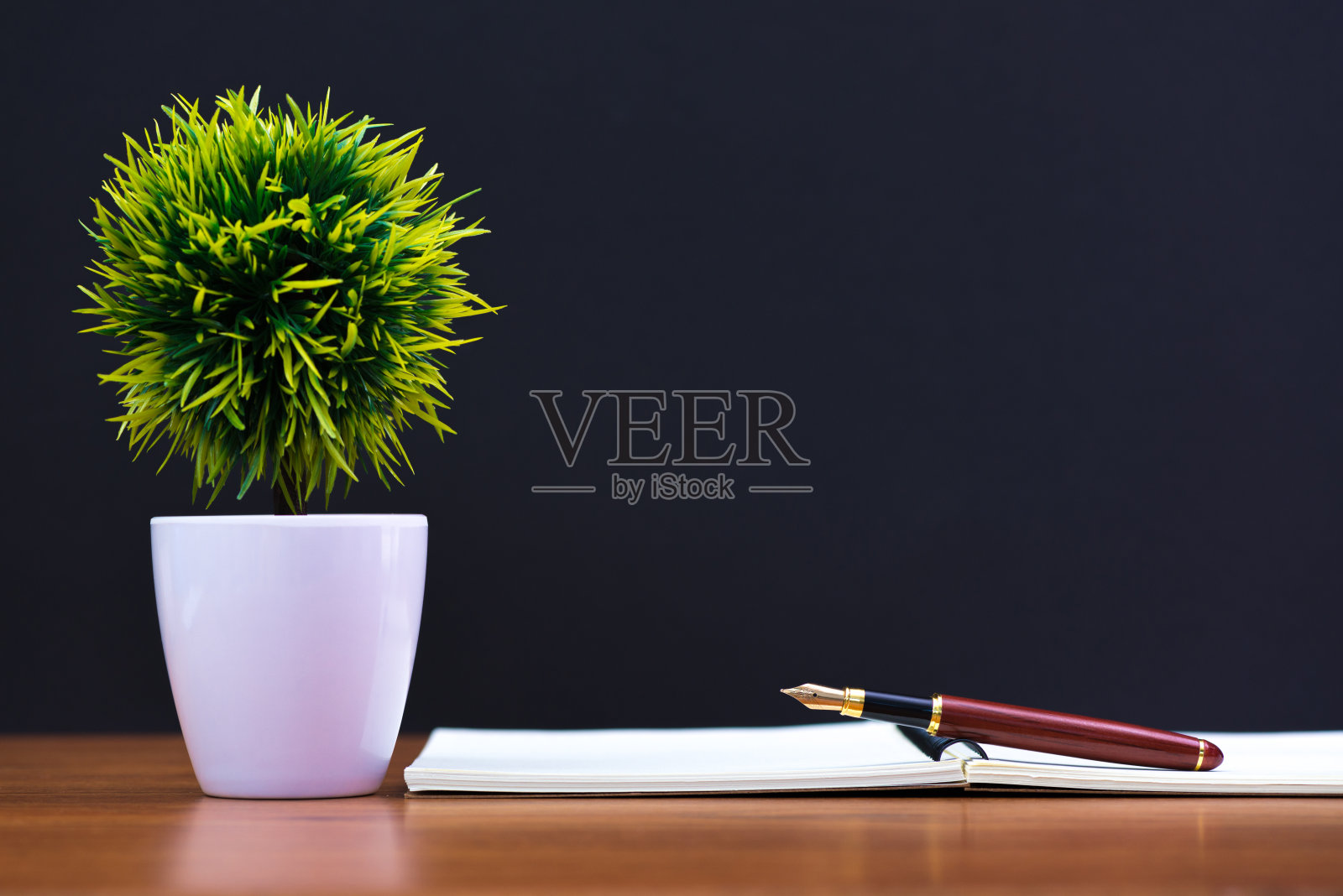 钢笔或墨水笔与笔记本纸和小装饰树在白色花瓶上的木制工作台与复印空间，办公桌的概念。照片摄影图片