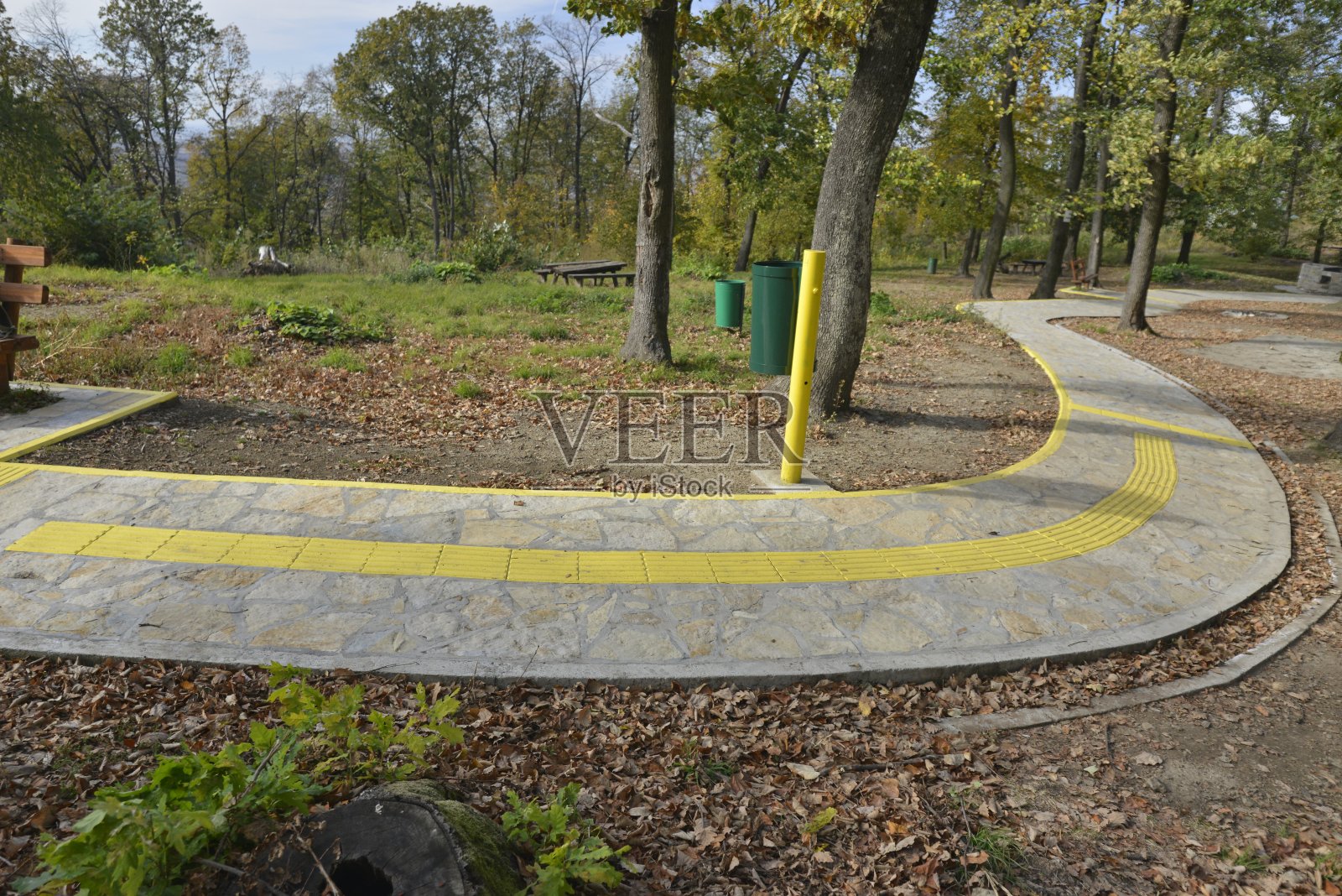 有黄色浮雕的徒步小径，帮助公园里的盲人照片摄影图片