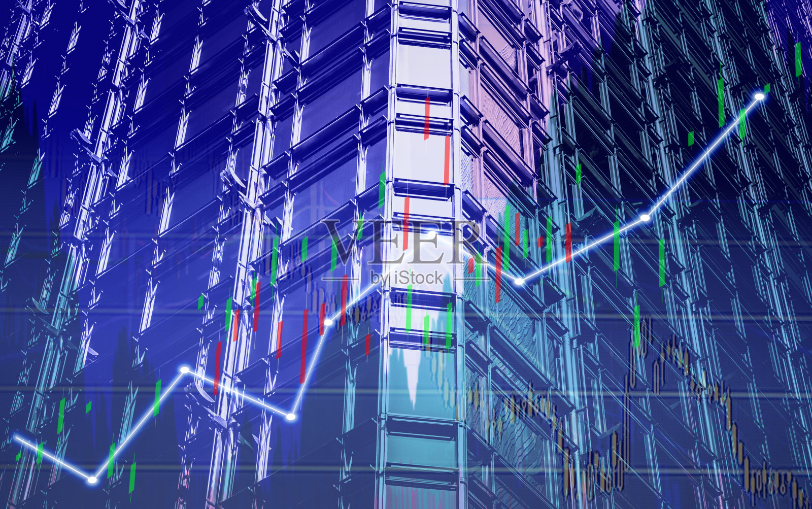 股票行情图以金融大厦、商业背景显示。(蓝色牛图表)照片摄影图片