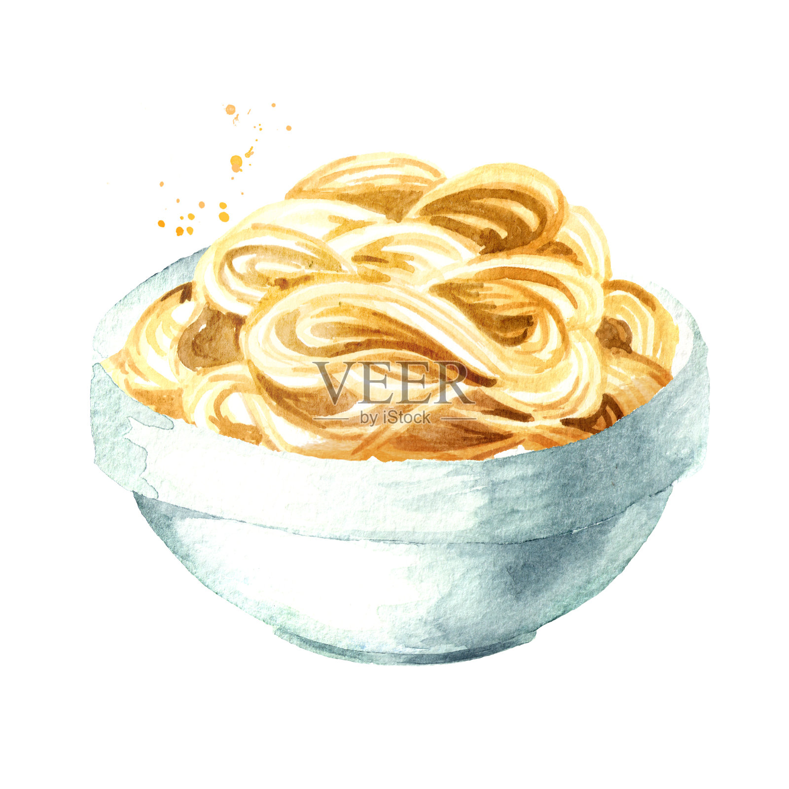 面条在碗里。水彩手绘插图孤立的白色背景插画图片素材