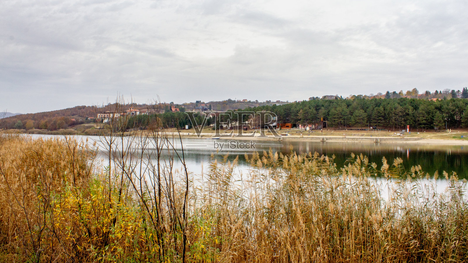 美丽的湖被森林包围，日落，阴天照片摄影图片