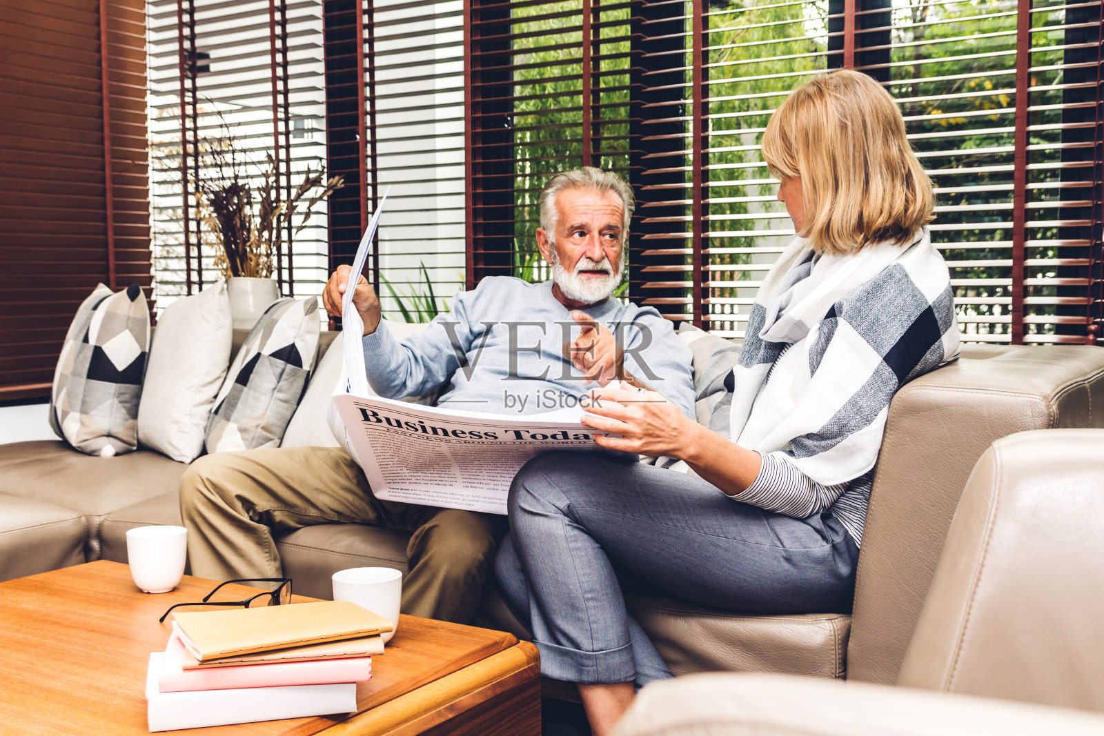 老夫妇在家里客厅的沙发上一起聊天、看报纸。退休夫妇的概念照片摄影图片