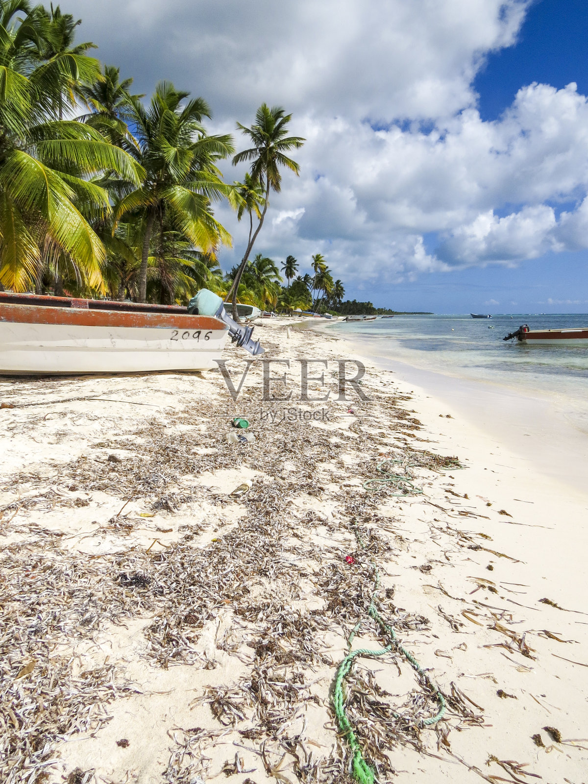 美丽的海滩有船，热带棕榈树和白色的沙滩照片摄影图片
