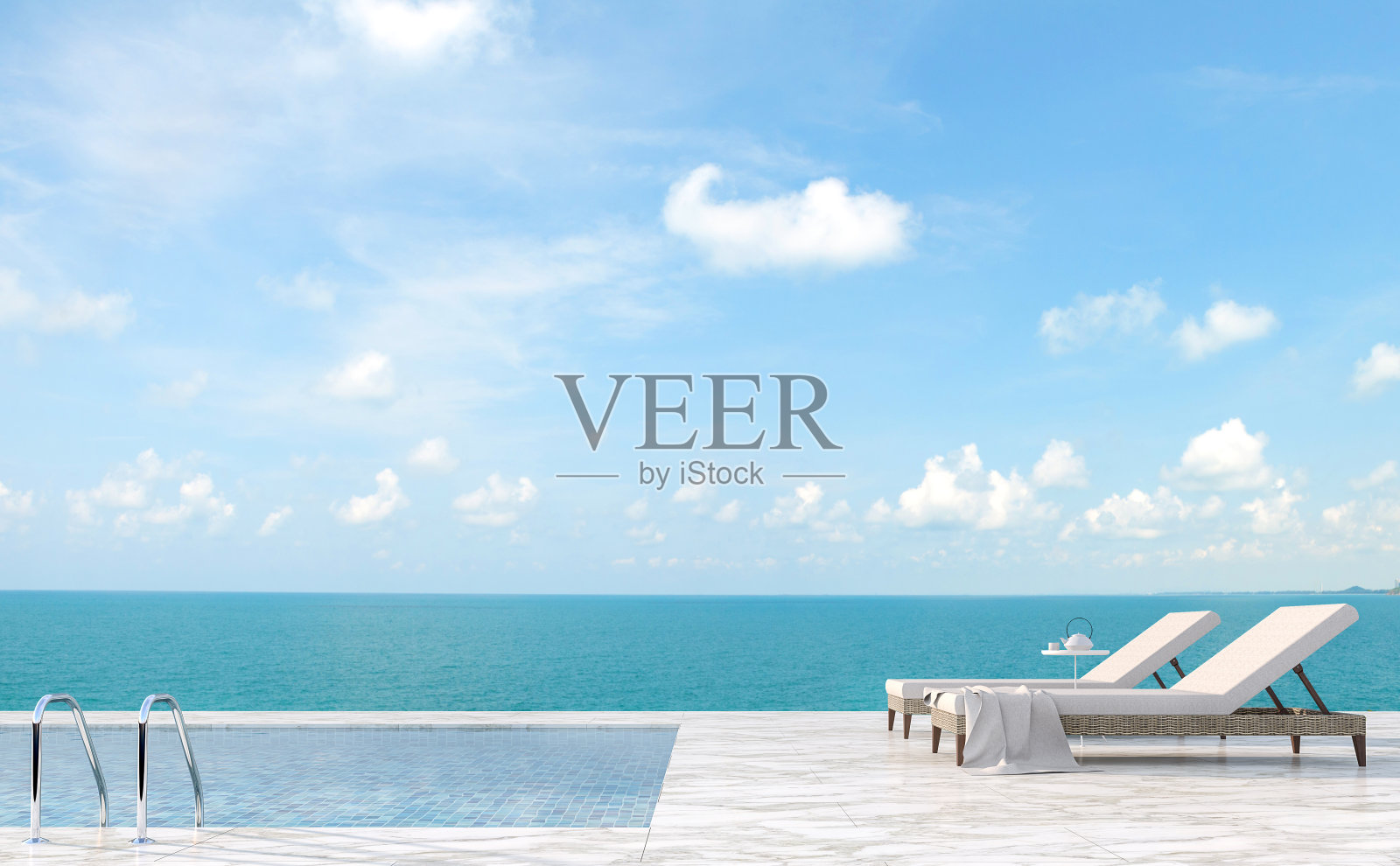 豪华游泳池露台与海景3d渲染照片摄影图片