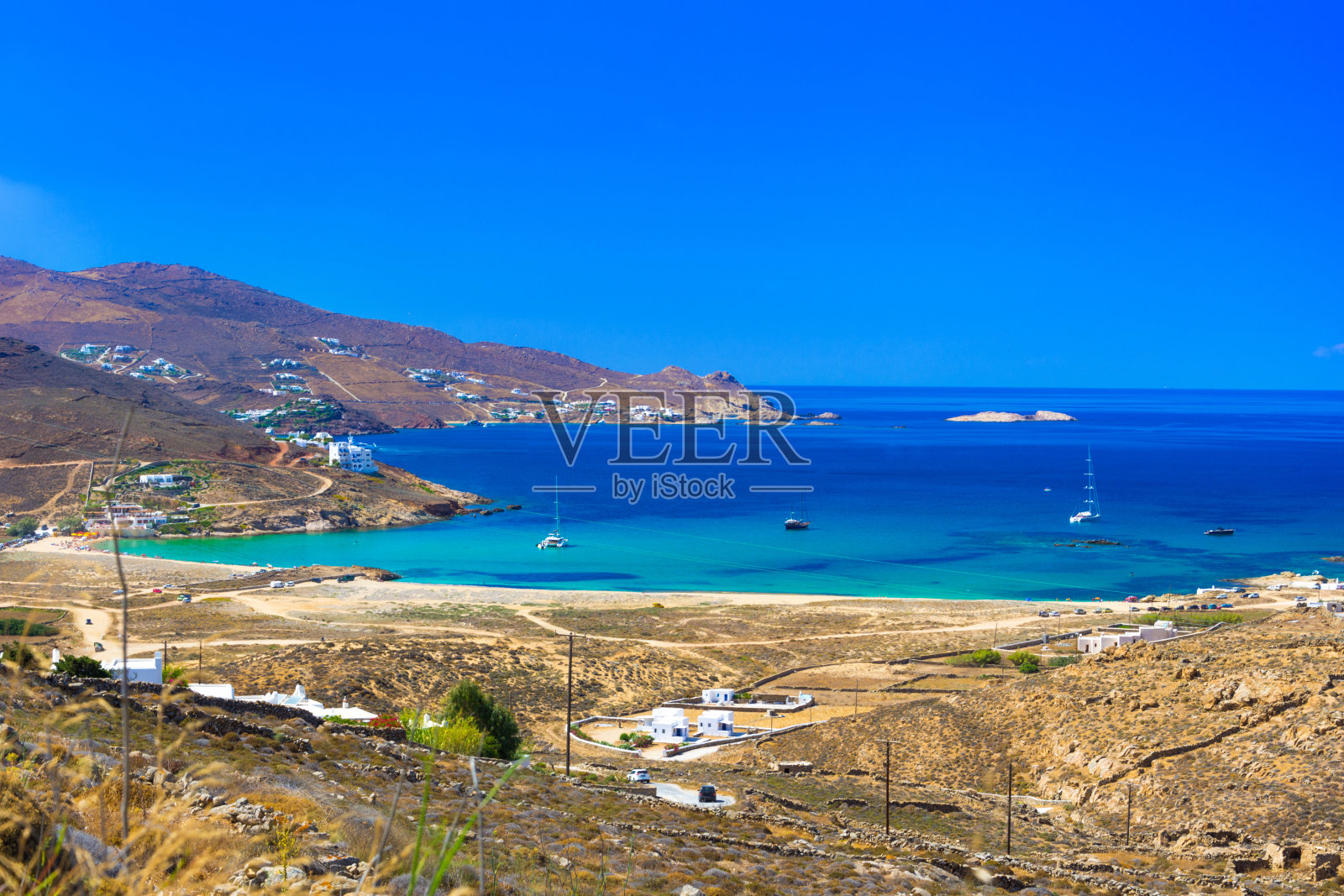 令人惊叹的海滩在米科诺斯岛，基克拉迪斯，希腊。照片摄影图片