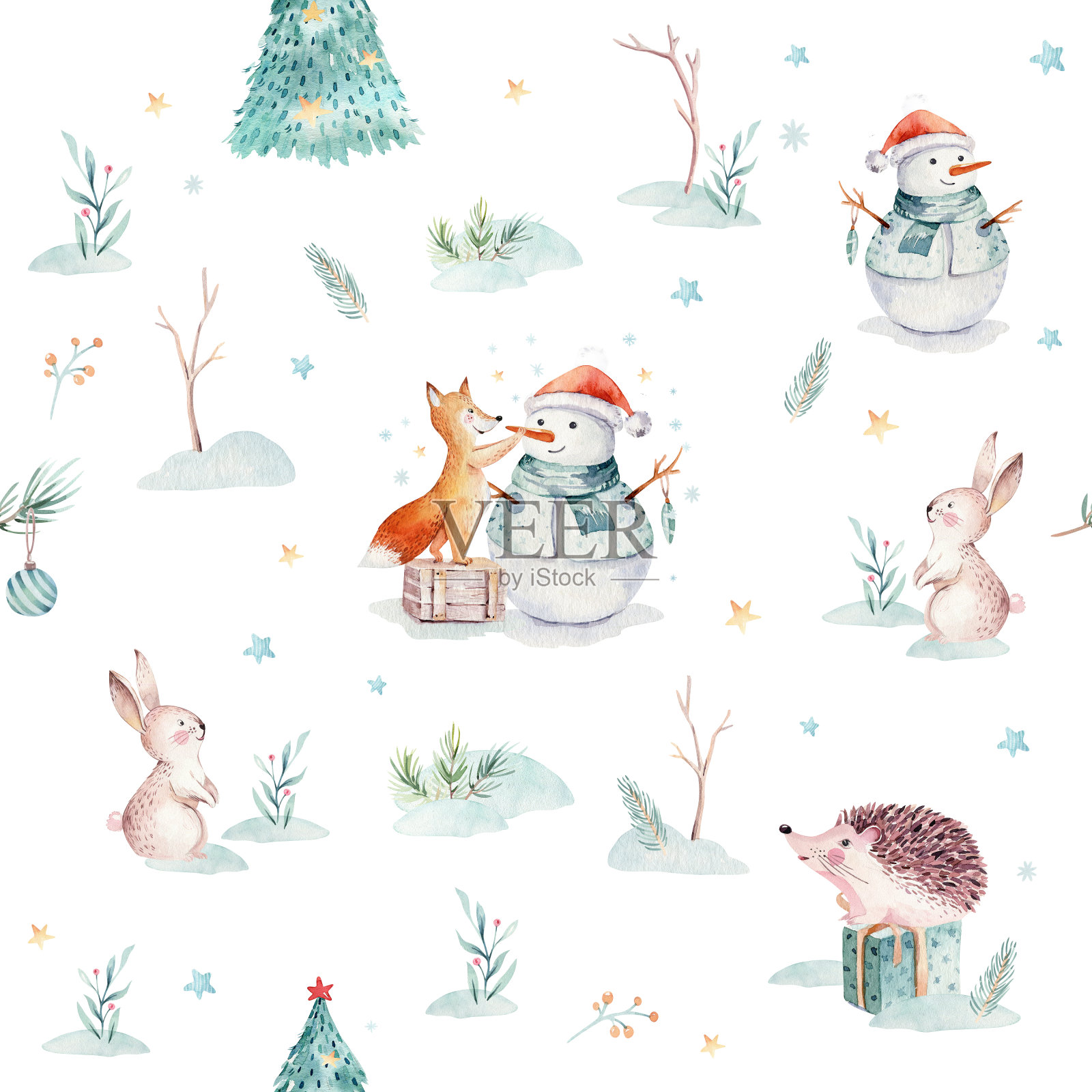 水彩圣诞无缝图案：礼物、雪人、可爱动物狐狸、兔子和刺猬，圣诞树庆祝纸，新年设计插画图片素材