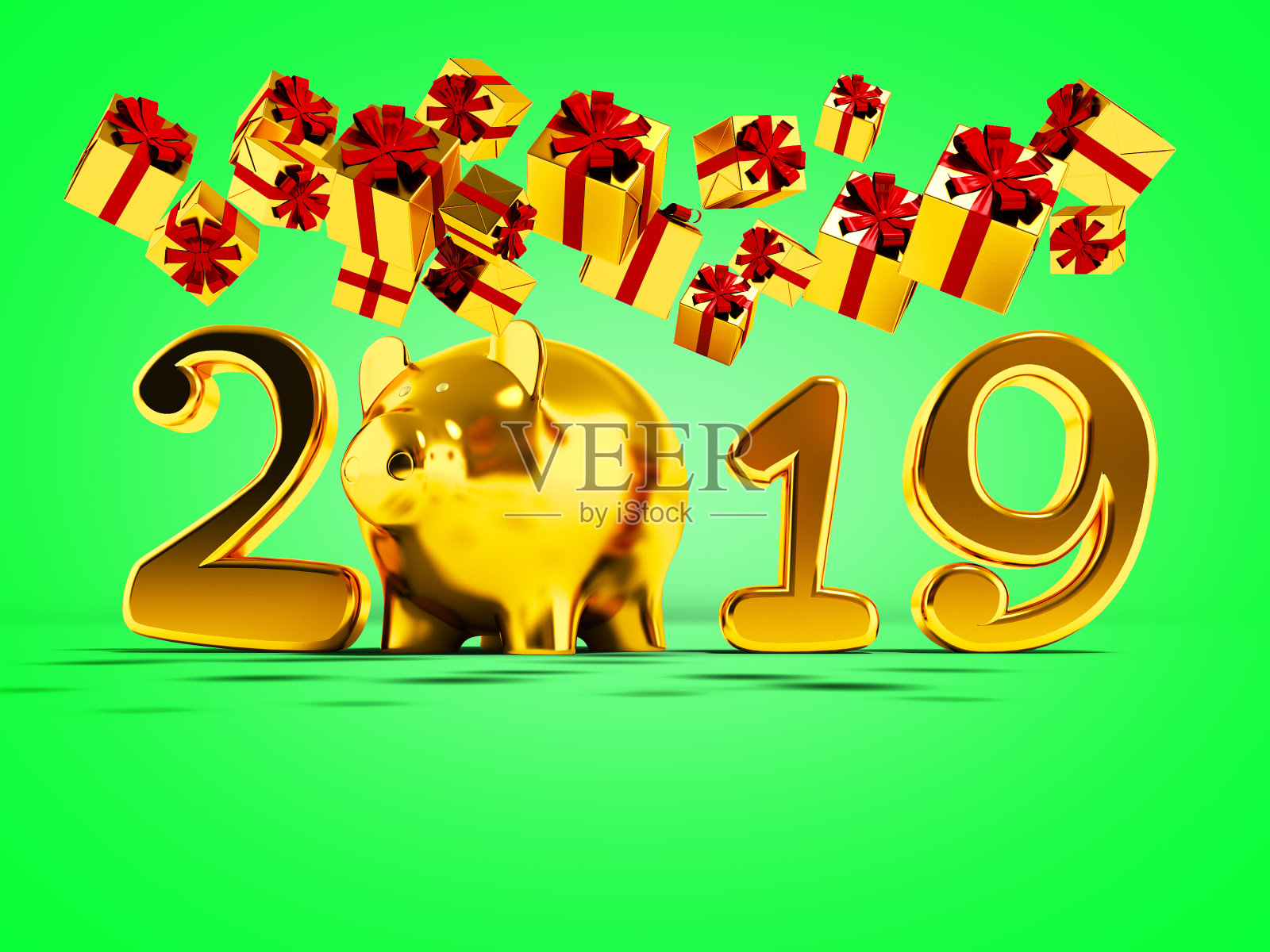 2019年新年黄猪和秋天黄色礼物从上方落下3d渲染在绿色背景与阴影照片摄影图片