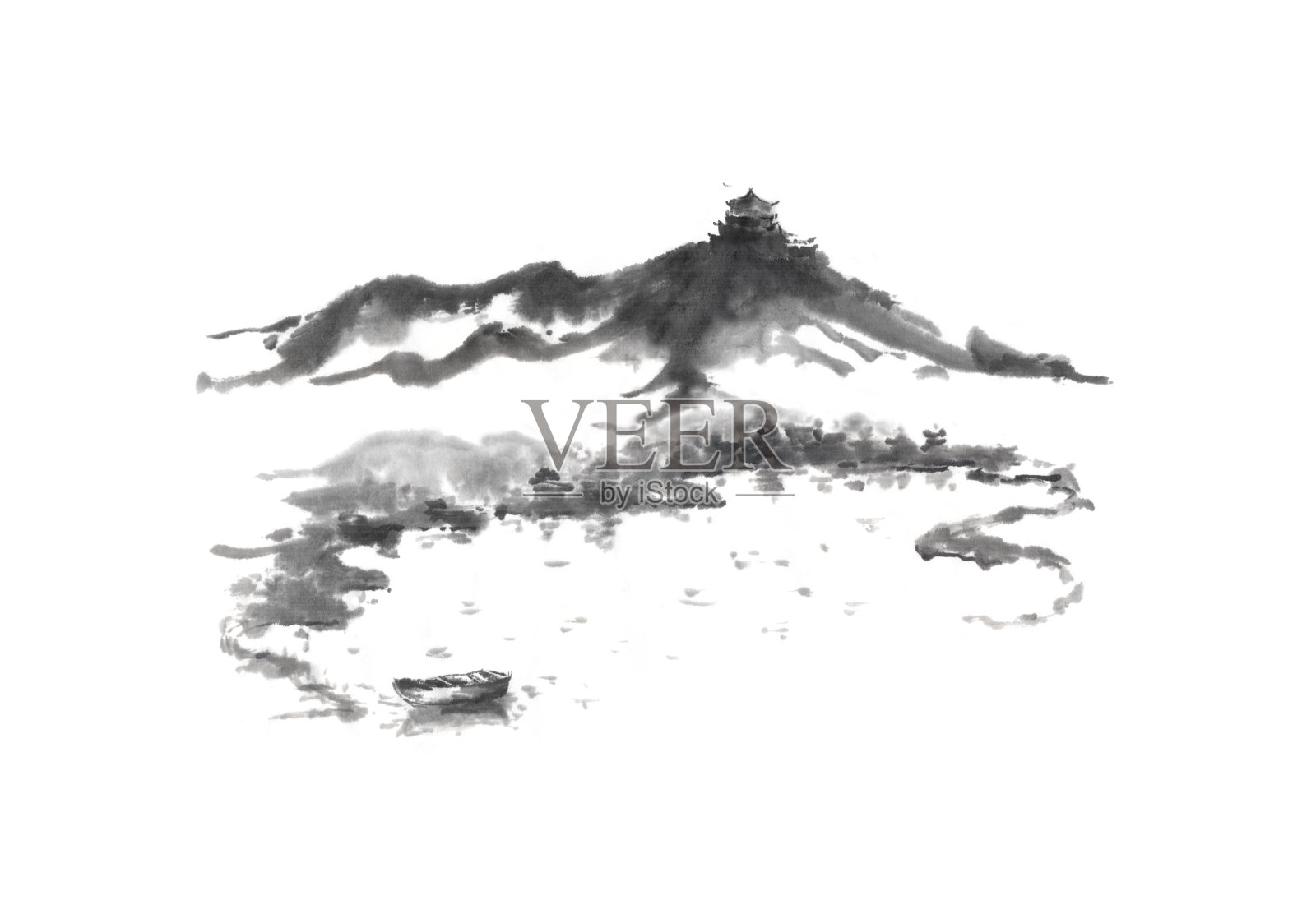 日本式sumi-e湖和城堡水墨画。插画图片素材