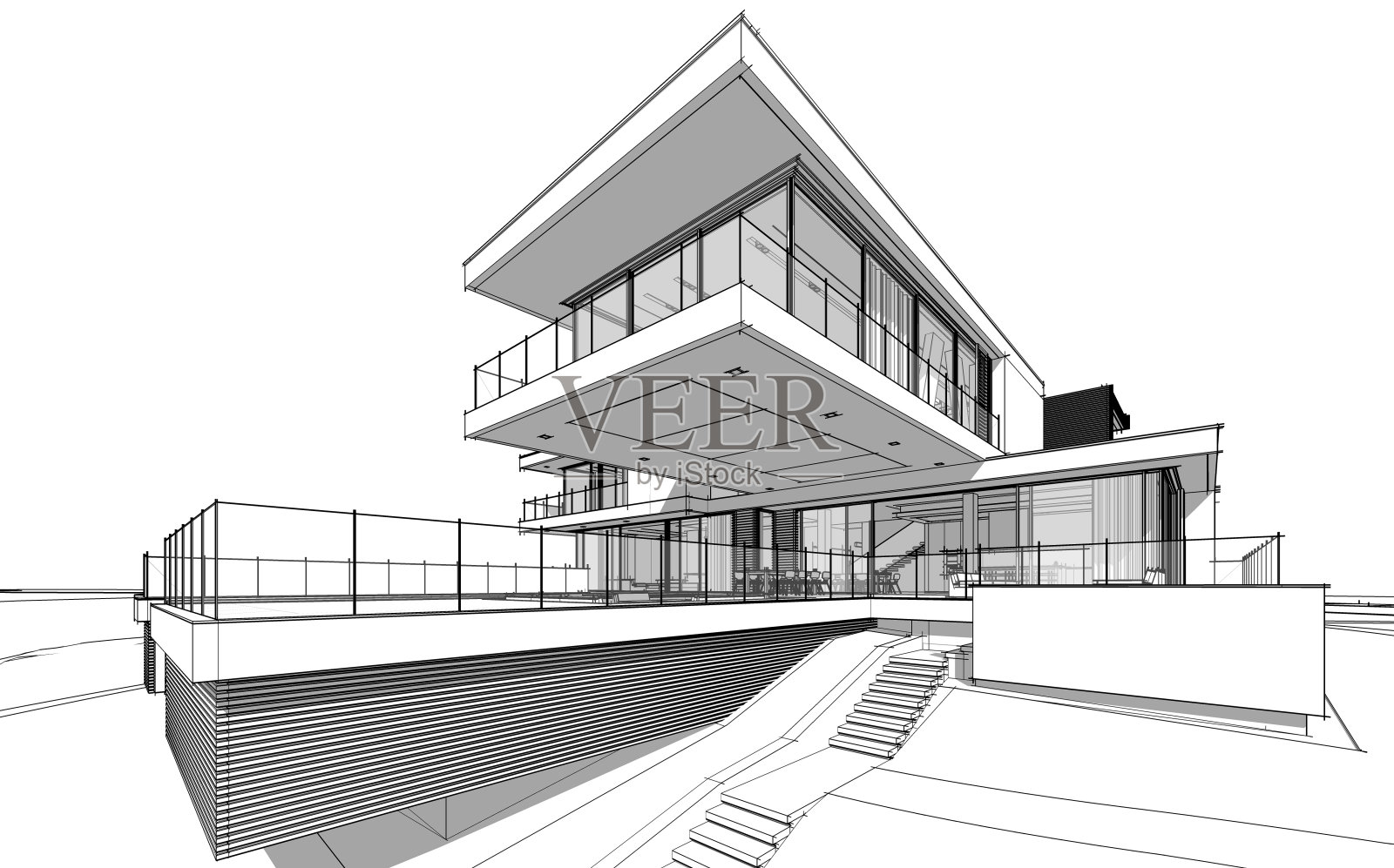 现代舒适屋的三维效果图黑色线条草图。照片摄影图片