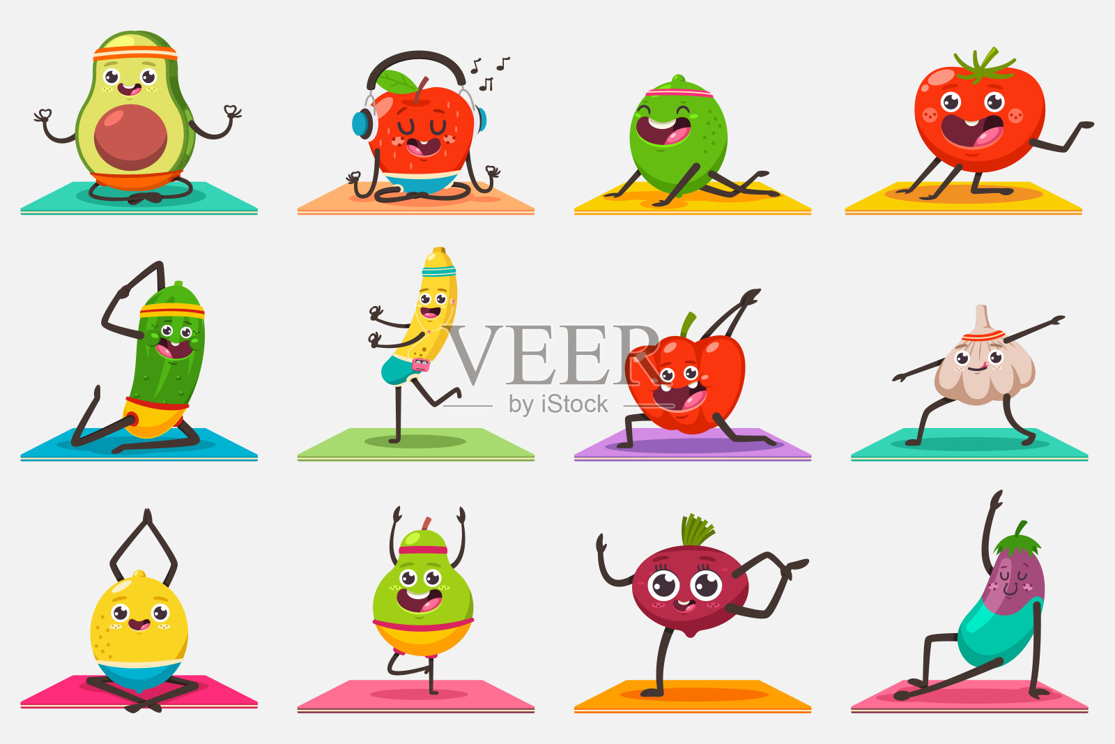 可爱的水果和蔬菜做瑜伽和体操姿势。有趣的矢量卡通儿童食物角色设置孤立的背景。健康饮食和健身。插画图片素材