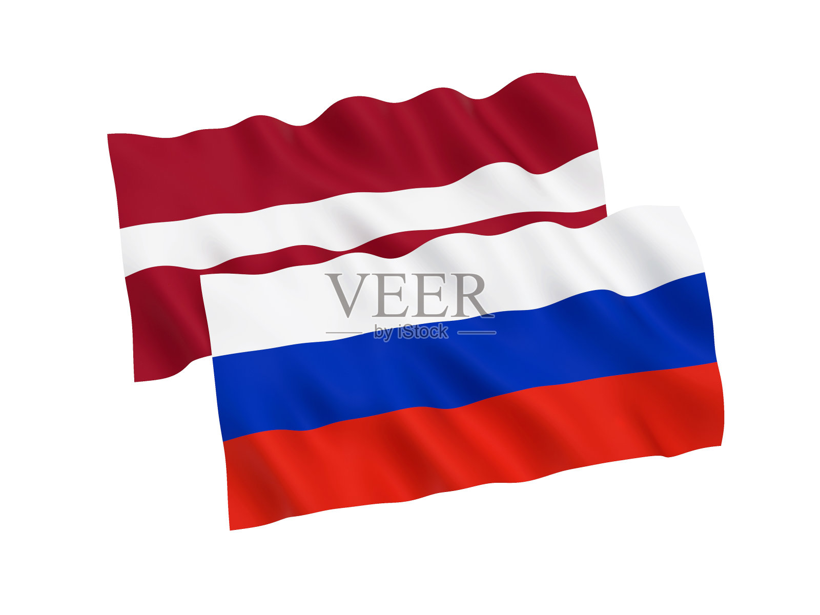 白色背景上的俄罗斯和拉脱维亚国旗照片摄影图片