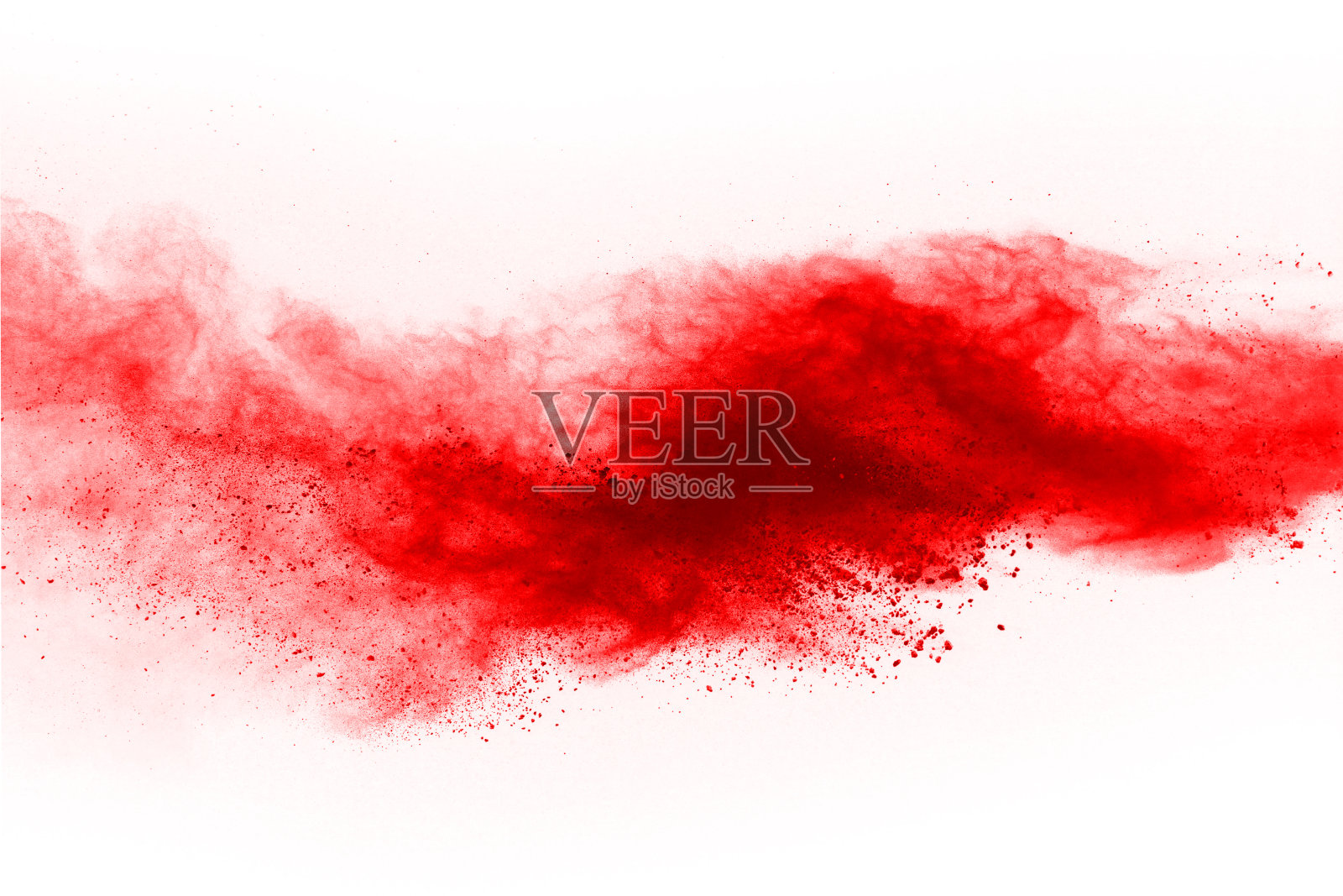 冻结运动红色粉末爆炸，孤立在白色背景。红尘云的抽象设计。粒子爆炸屏幕保护程序，壁纸照片摄影图片