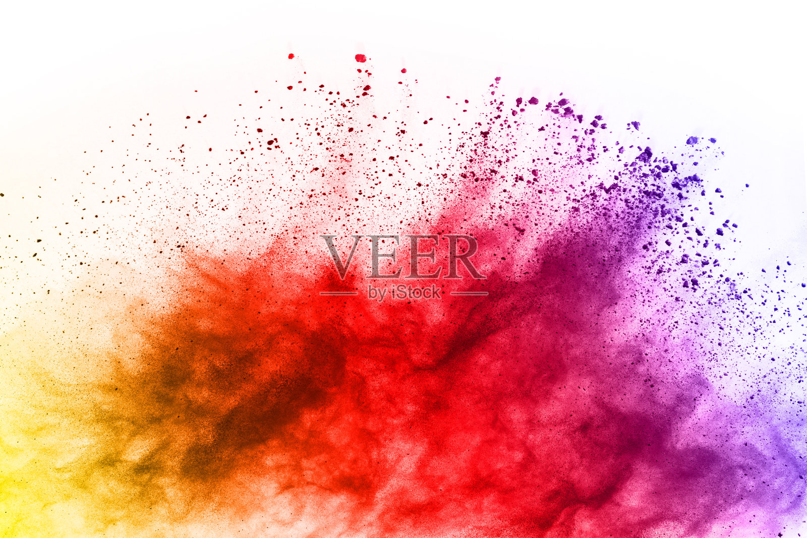 摘要粉末溅射背景。彩色粉末在白色背景上爆炸。彩色的云。色彩斑斓的粉尘爆炸。油漆胡里节。照片摄影图片