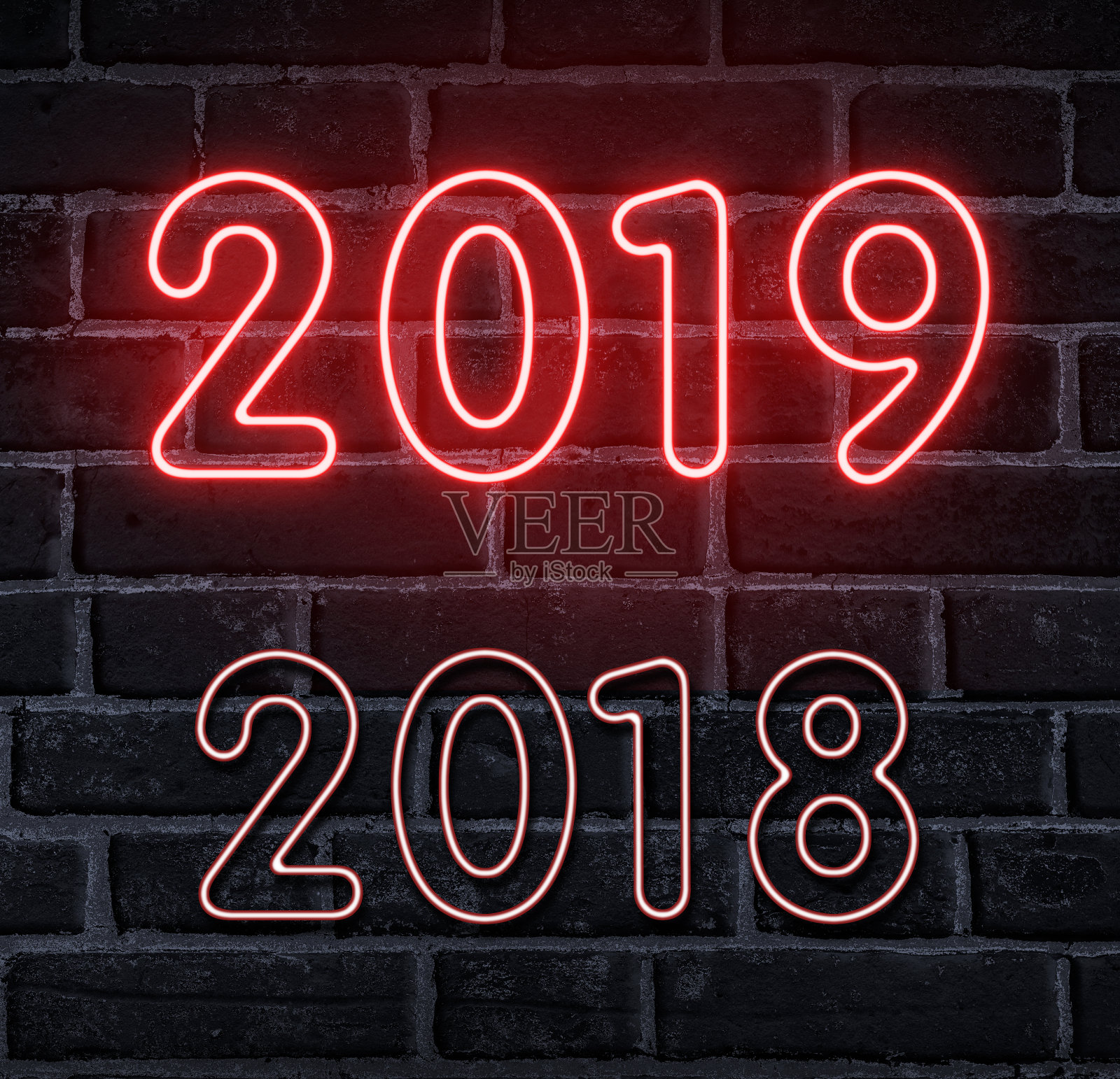 你好,新年快乐。墙上闪烁着2019的霓虹灯照片摄影图片