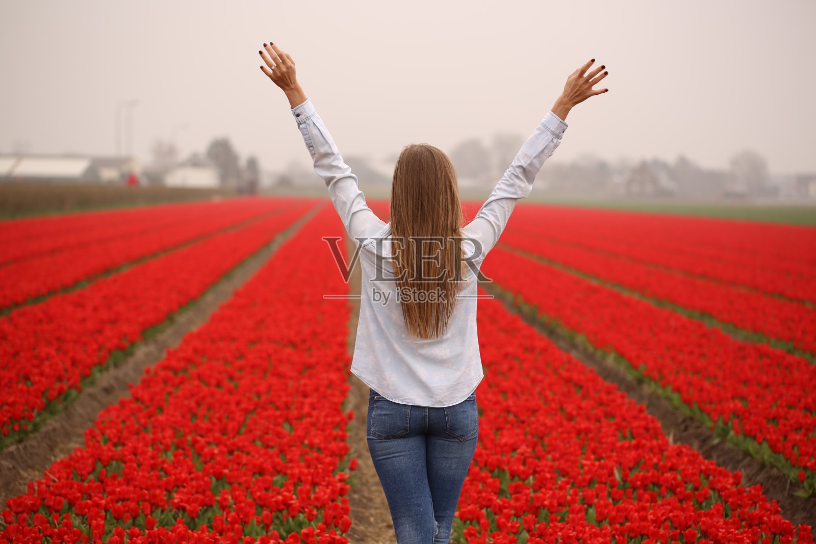 美丽的女人在红色的领域摆姿势照片摄影图片