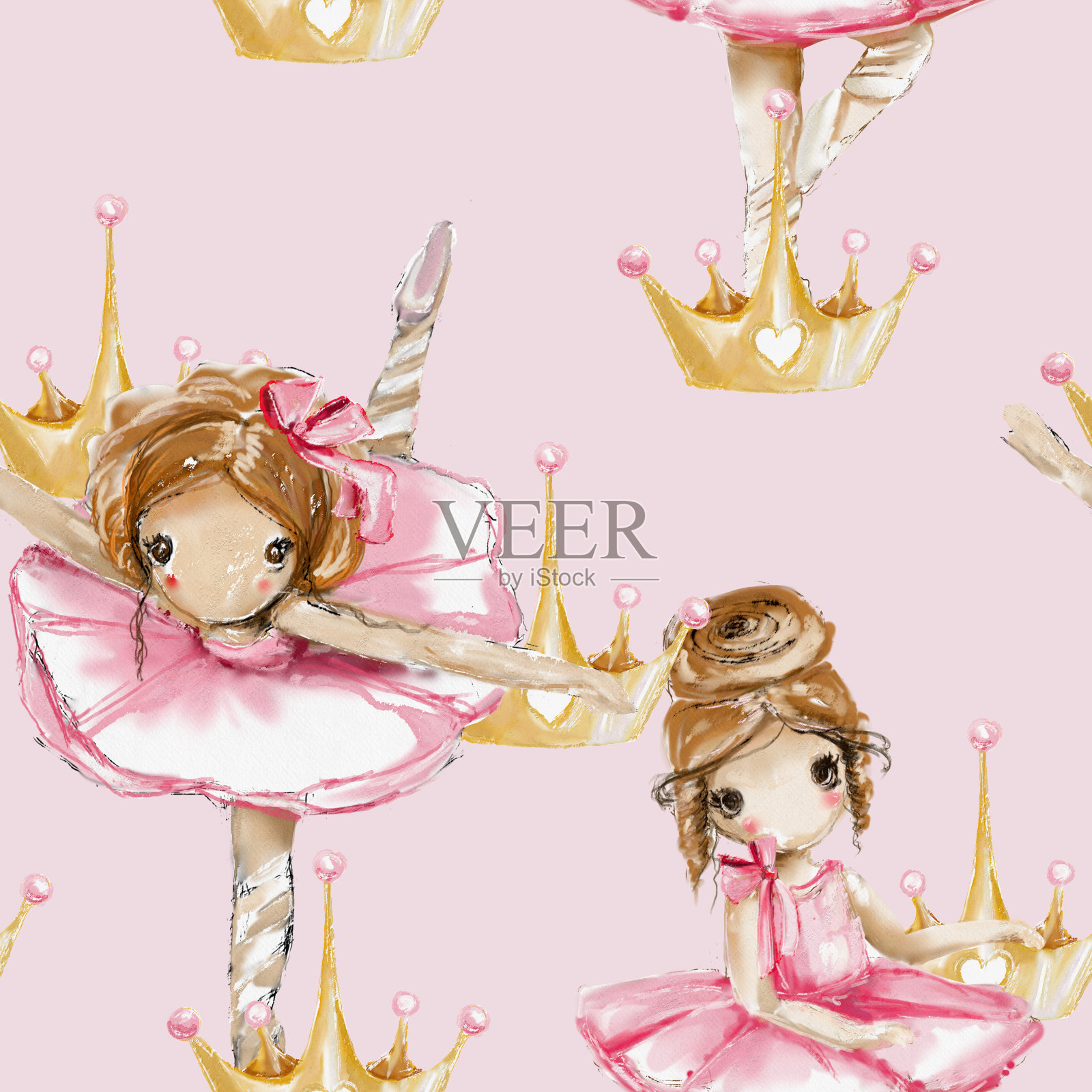 水彩芭蕾舞演员无缝，花木图案在粉红色的背景。可爱的芭蕾舞女演员，带着鲜花、蝴蝶结和皇冠插画图片素材