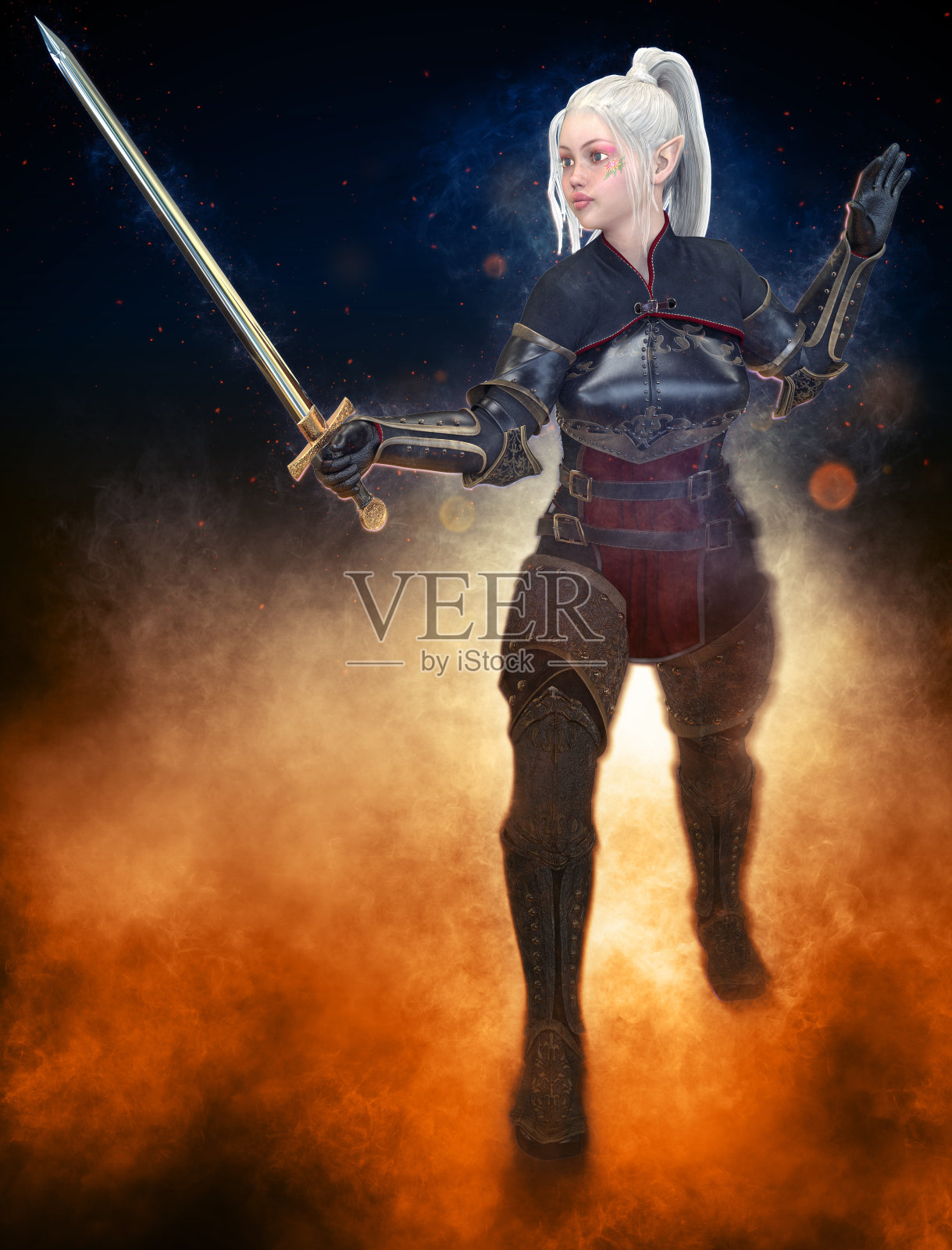 女精灵战士与剑在幻想抽象背景3D插图插画图片素材