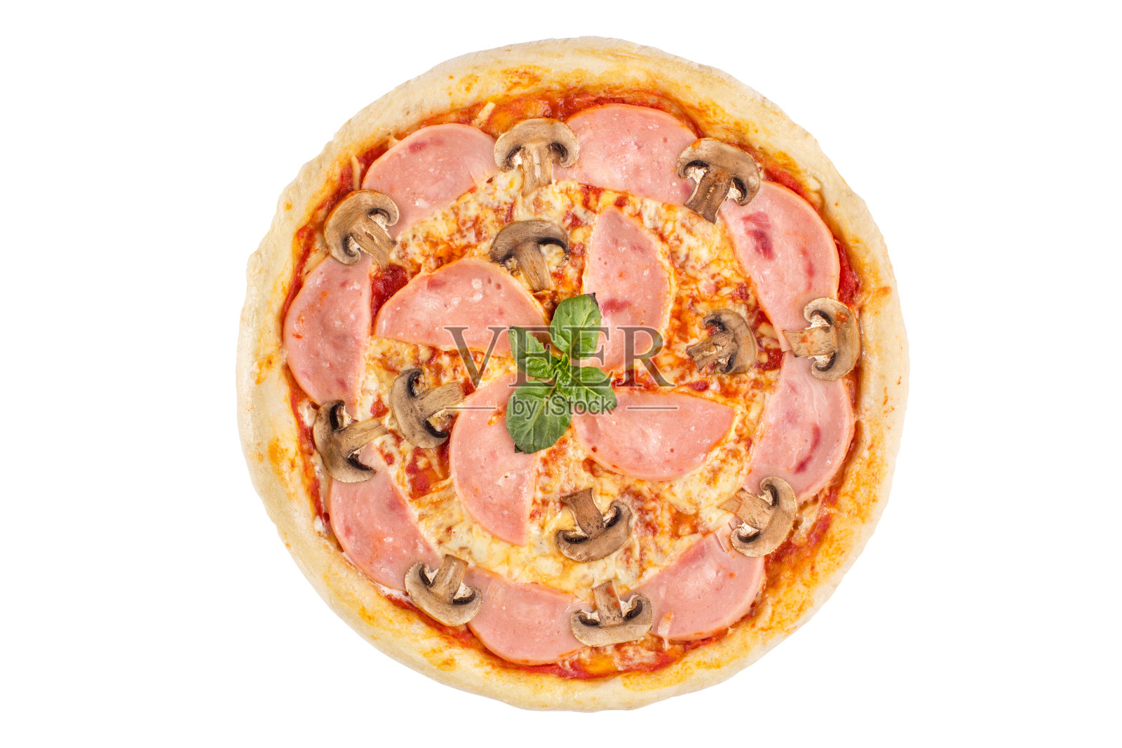 白色背景上有火腿和蘑菇的比萨饼。从以上观点。照片摄影图片