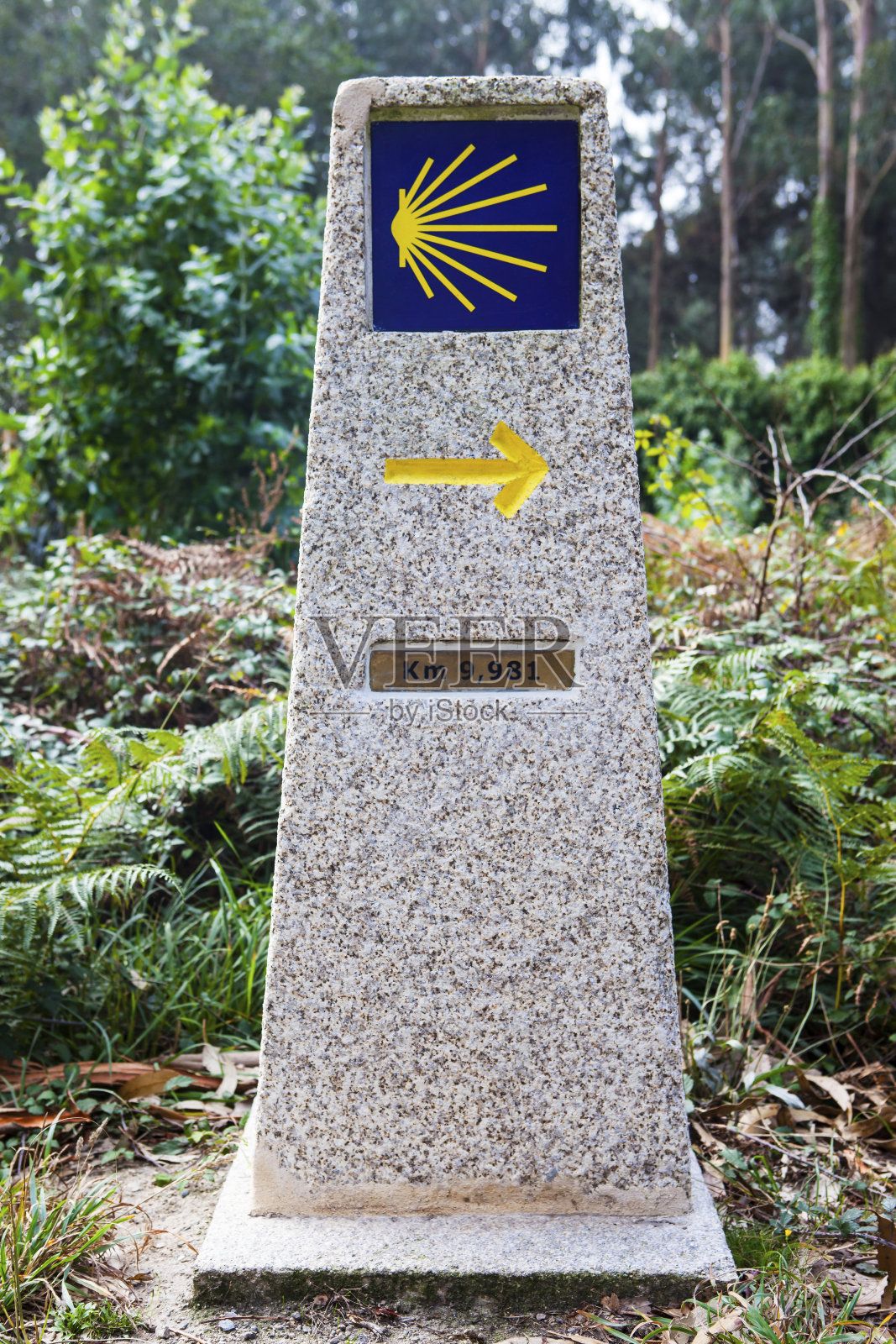 贝壳标志和箭头的古代朝圣者路线圣詹姆斯之路照片摄影图片