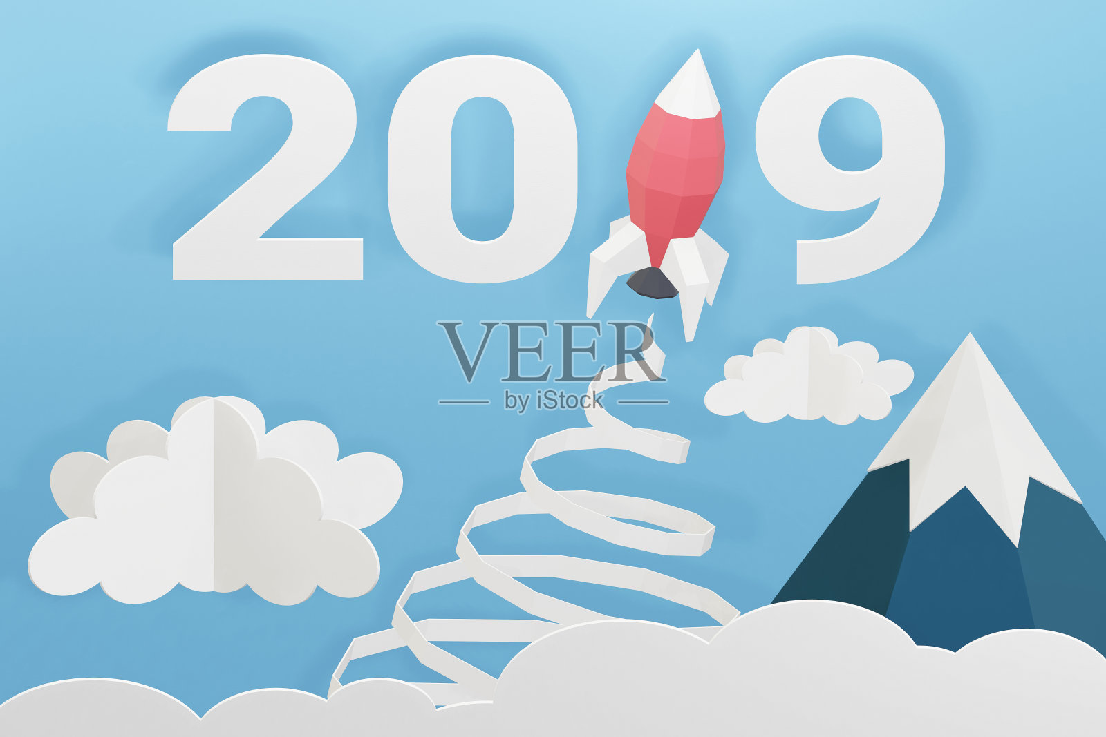 纸艺术风格的新年快乐2019与火箭发射在天空，为任何特殊的场合创造您自己的个性化贺卡，3D渲染和最小的概念设计。照片摄影图片