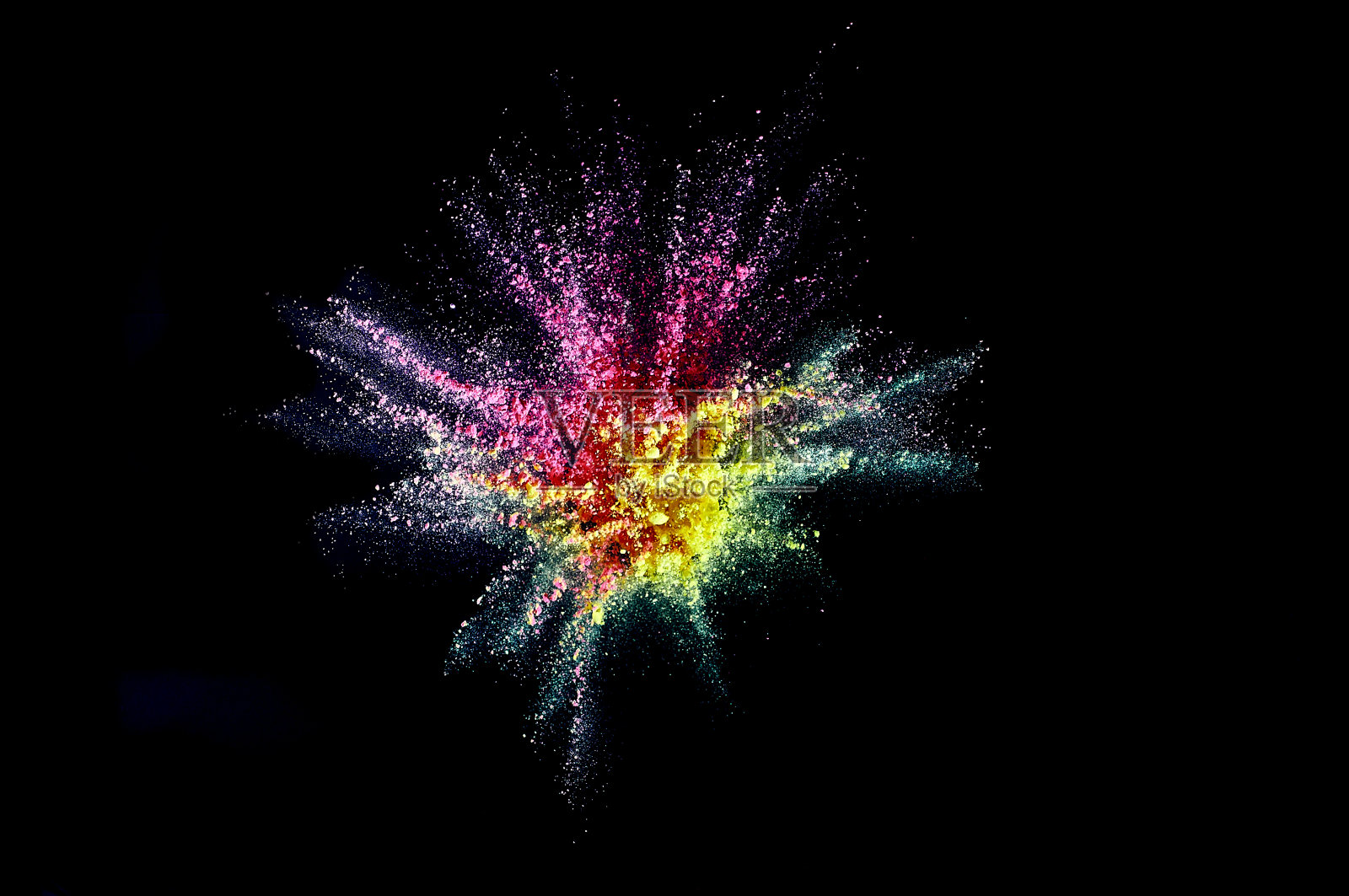 彩色粉末爆炸。抽象特写灰尘的背景。色彩斑斓的爆炸。油漆胡里节照片摄影图片