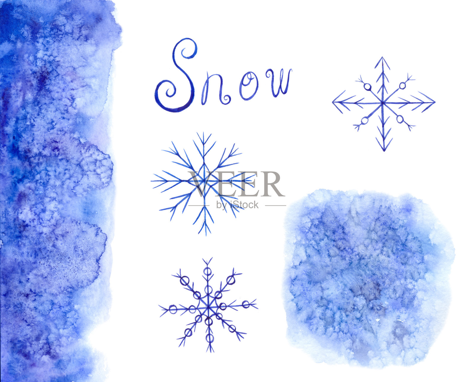 水彩圣诞冬天设置雪花和字母插画图片素材