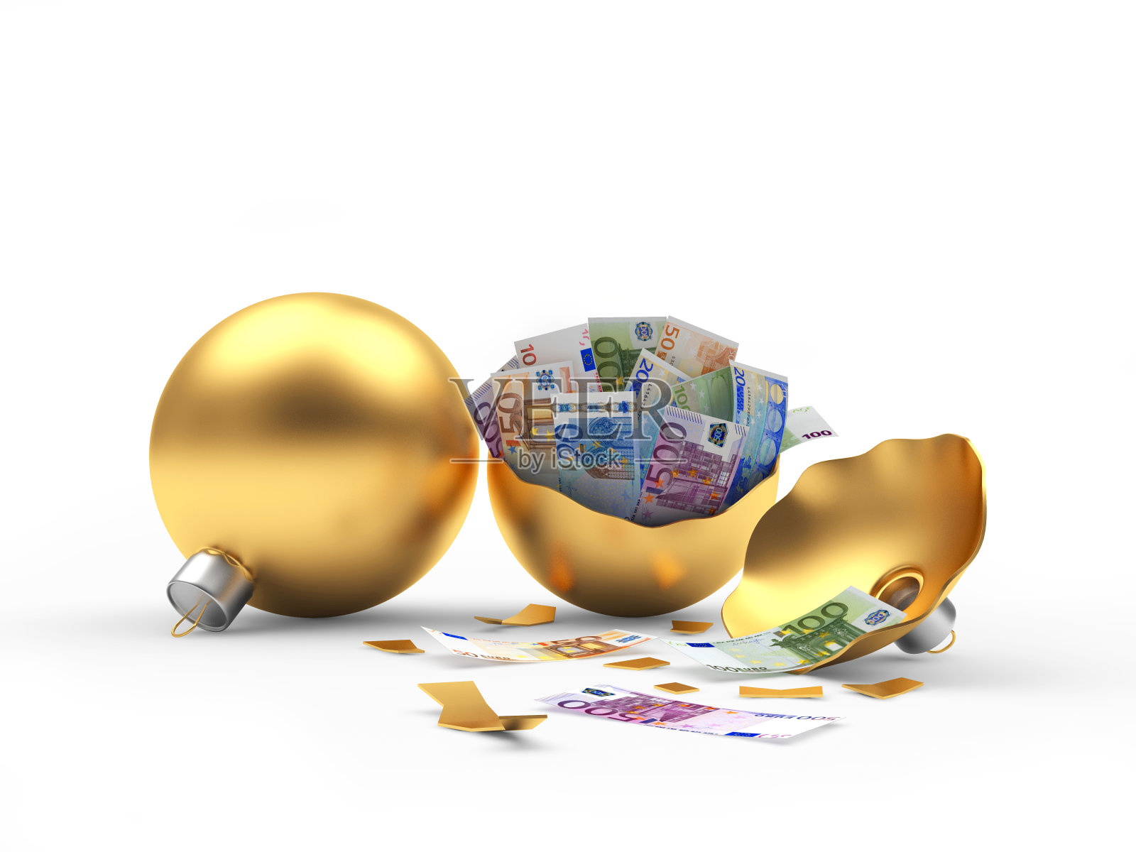 整个和破碎的金色圣诞球与欧元照片摄影图片