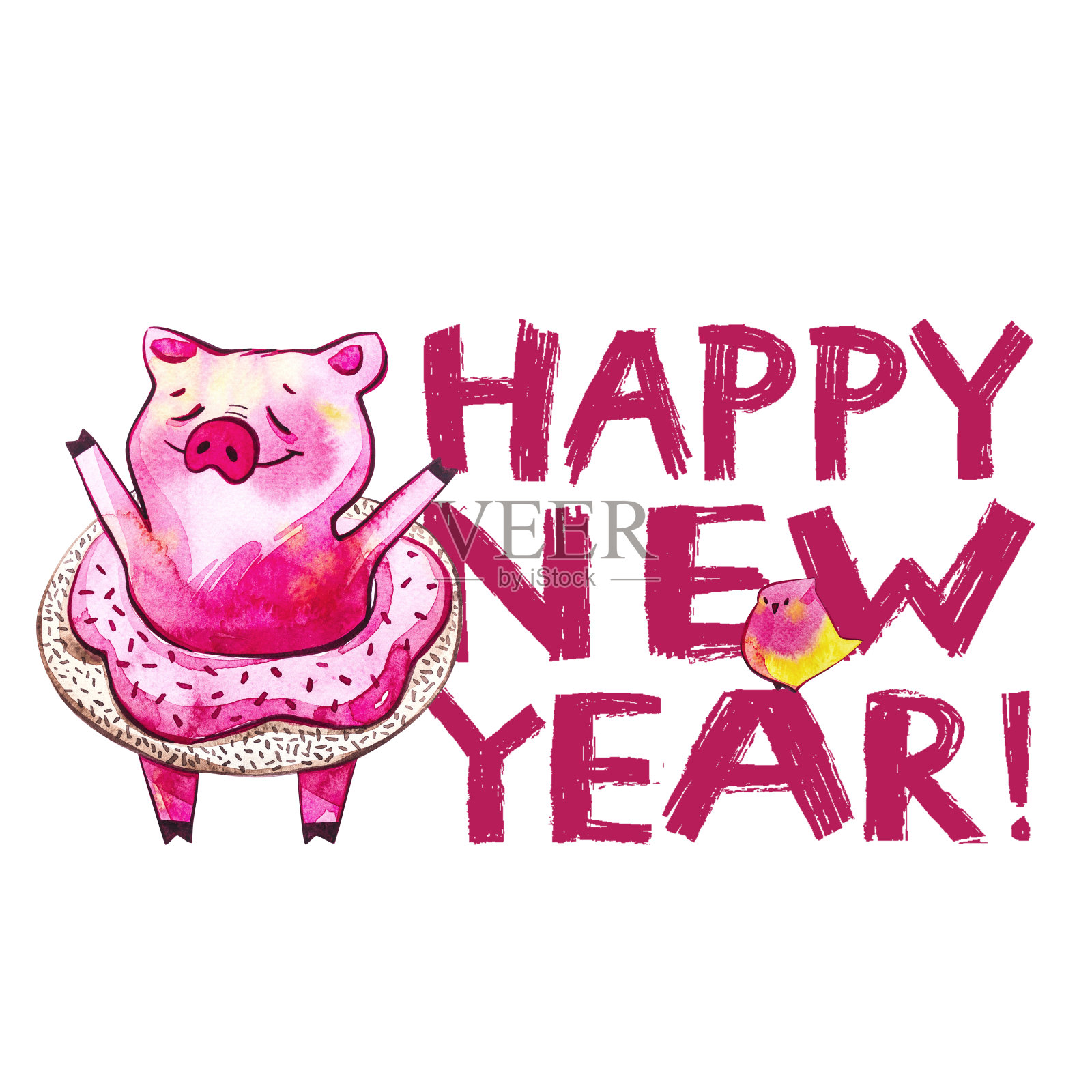 可爱的猪，创意2019年新年字。中国历法中年份的象征。明信片的水彩插图。插画图片素材