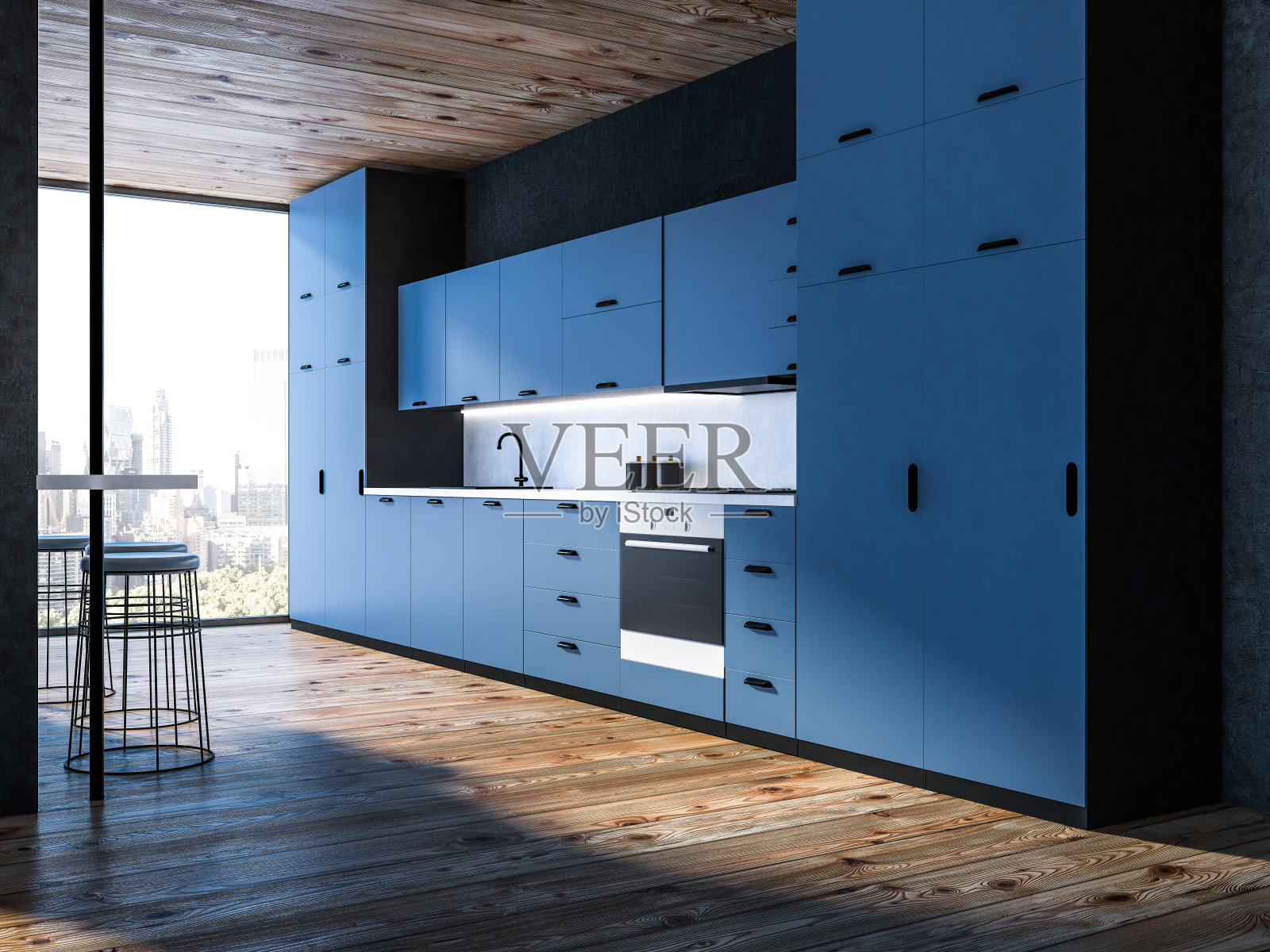 黑色厨房，蓝色台面照片摄影图片