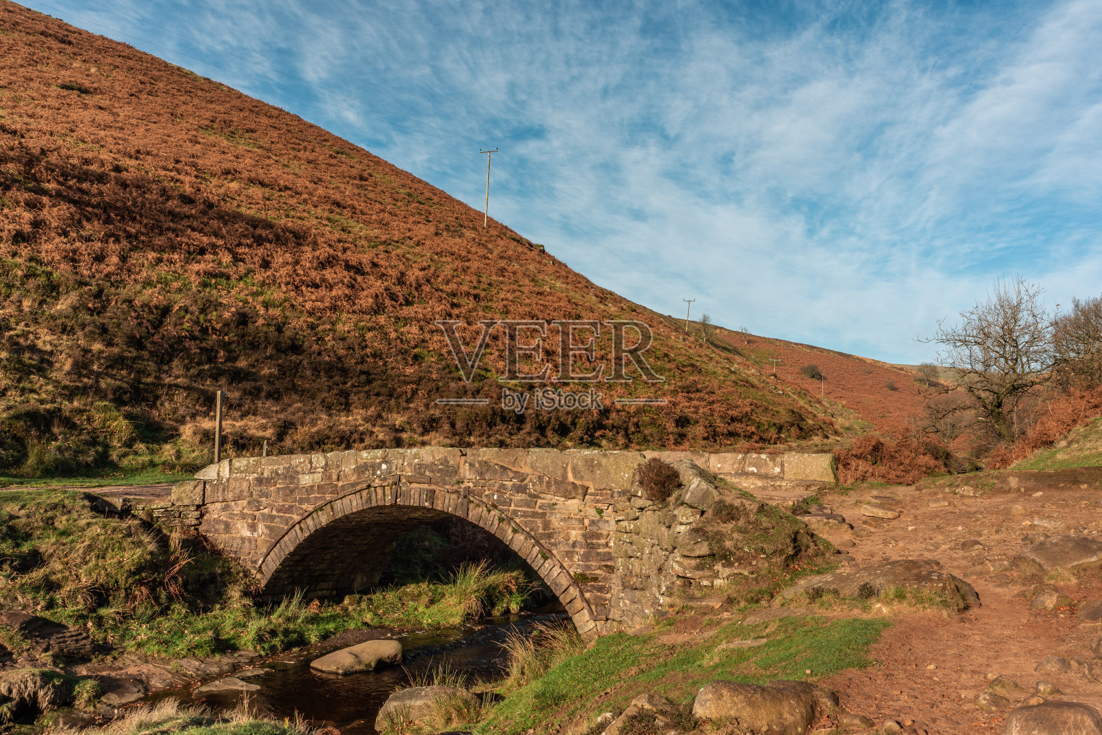 三郡角的瀑布和石制驮马桥。照片摄影图片