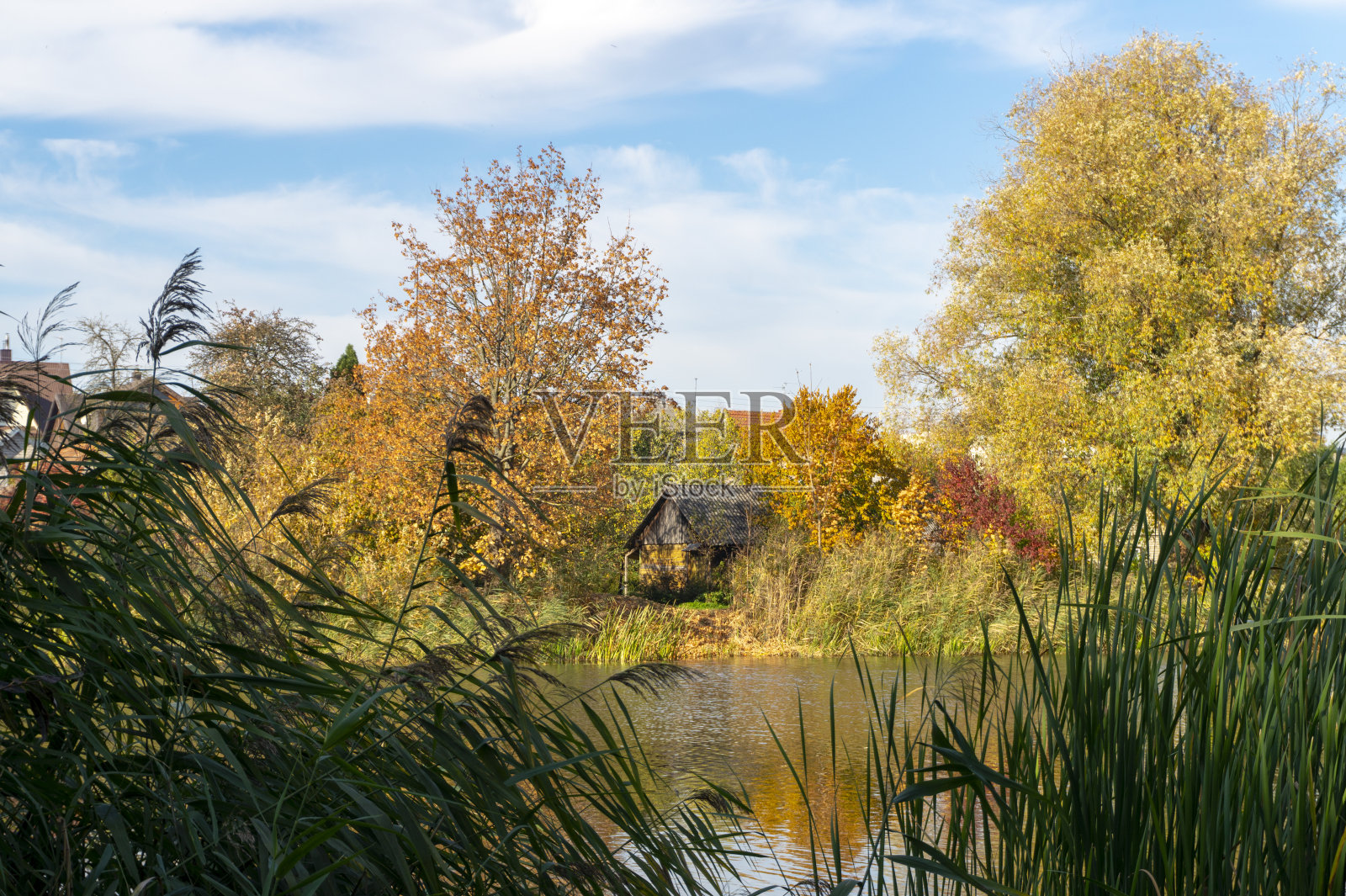 湖对面的乡村小屋照片摄影图片
