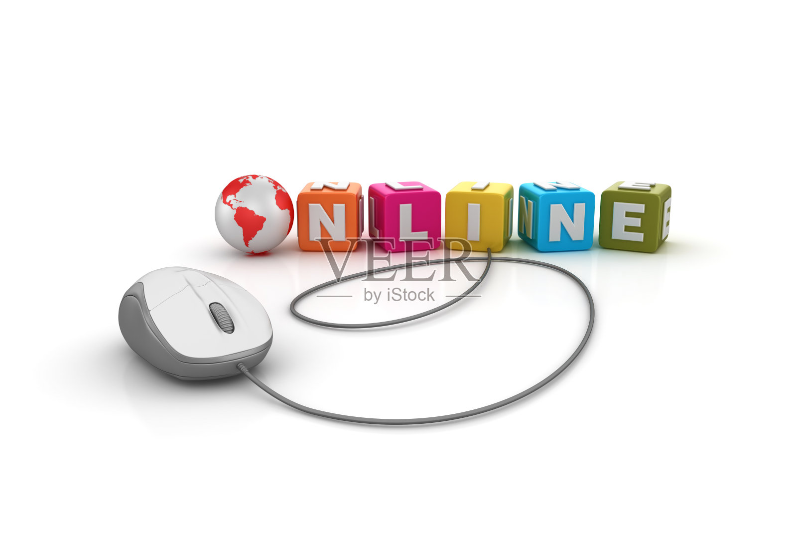 在线流行语立方体与计算机鼠标- 3D渲染照片摄影图片