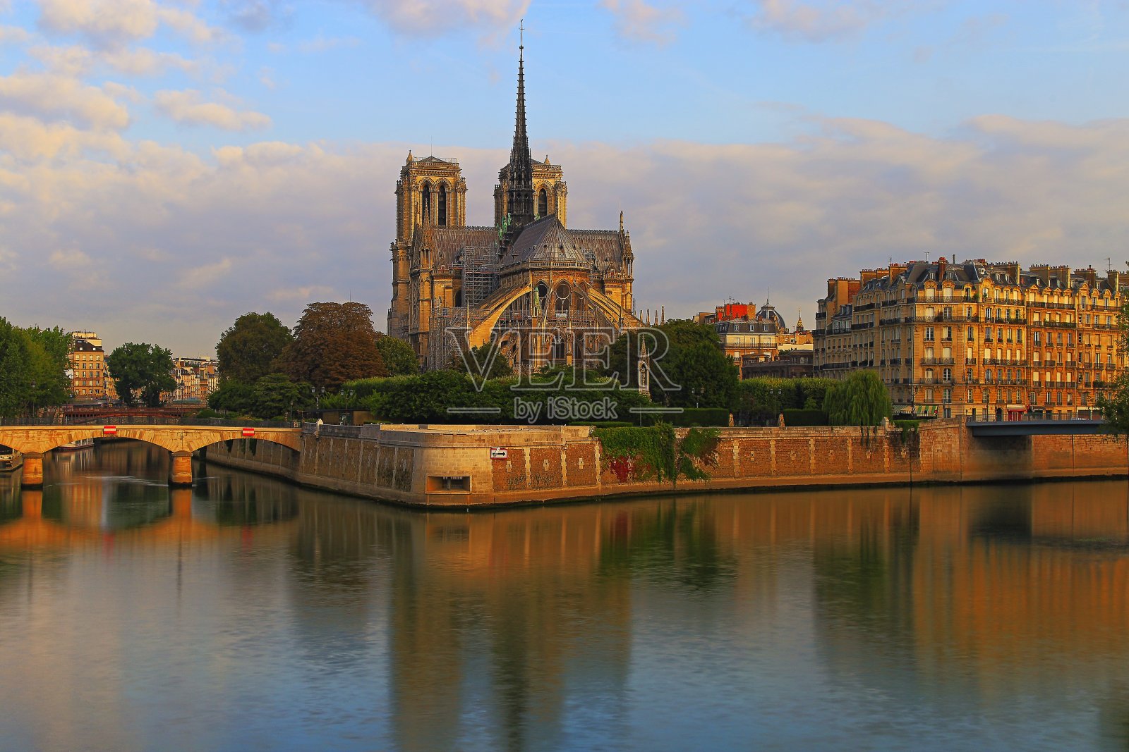 巴黎圣母院大教堂后视图在塞纳河日出-巴黎，法国照片摄影图片