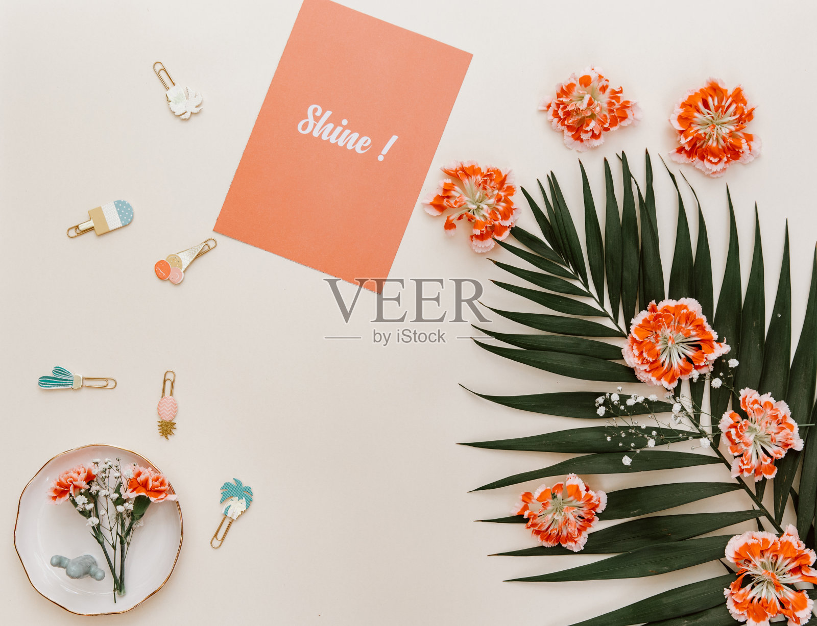 平铺纸空白模型在蜡笔背景热带棕榈叶平铺顶视图照片摄影图片