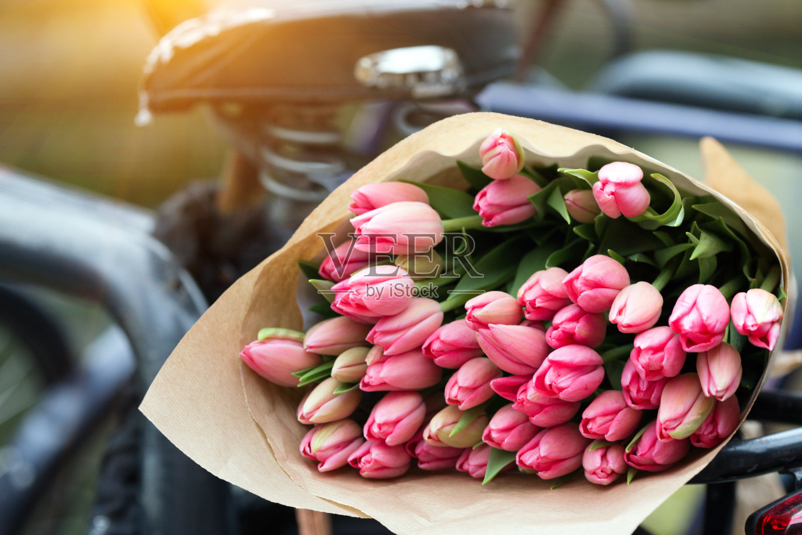 阿姆斯特丹的一辆旧自行车上漂亮的粉色郁金香照片摄影图片