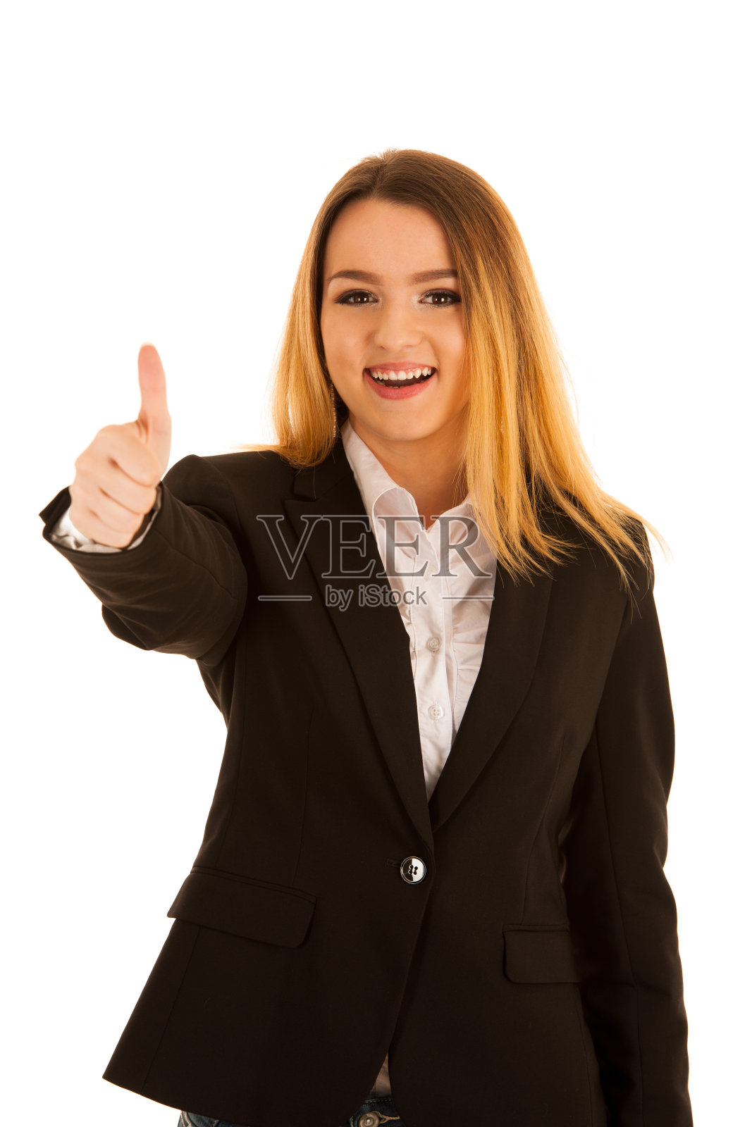 可爱的年轻女子显示拇指孤立在白色的背景照片摄影图片